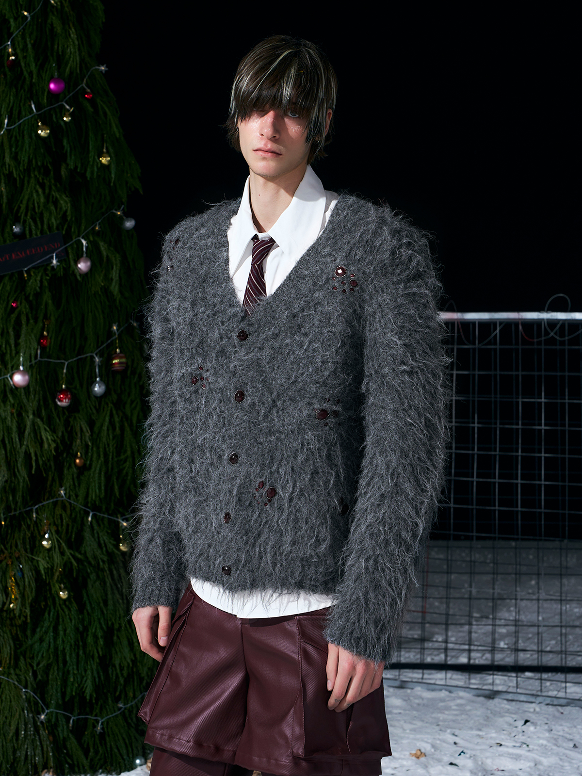 GREY FUZZY MOHAIR CARDIGAN & SCARF SET