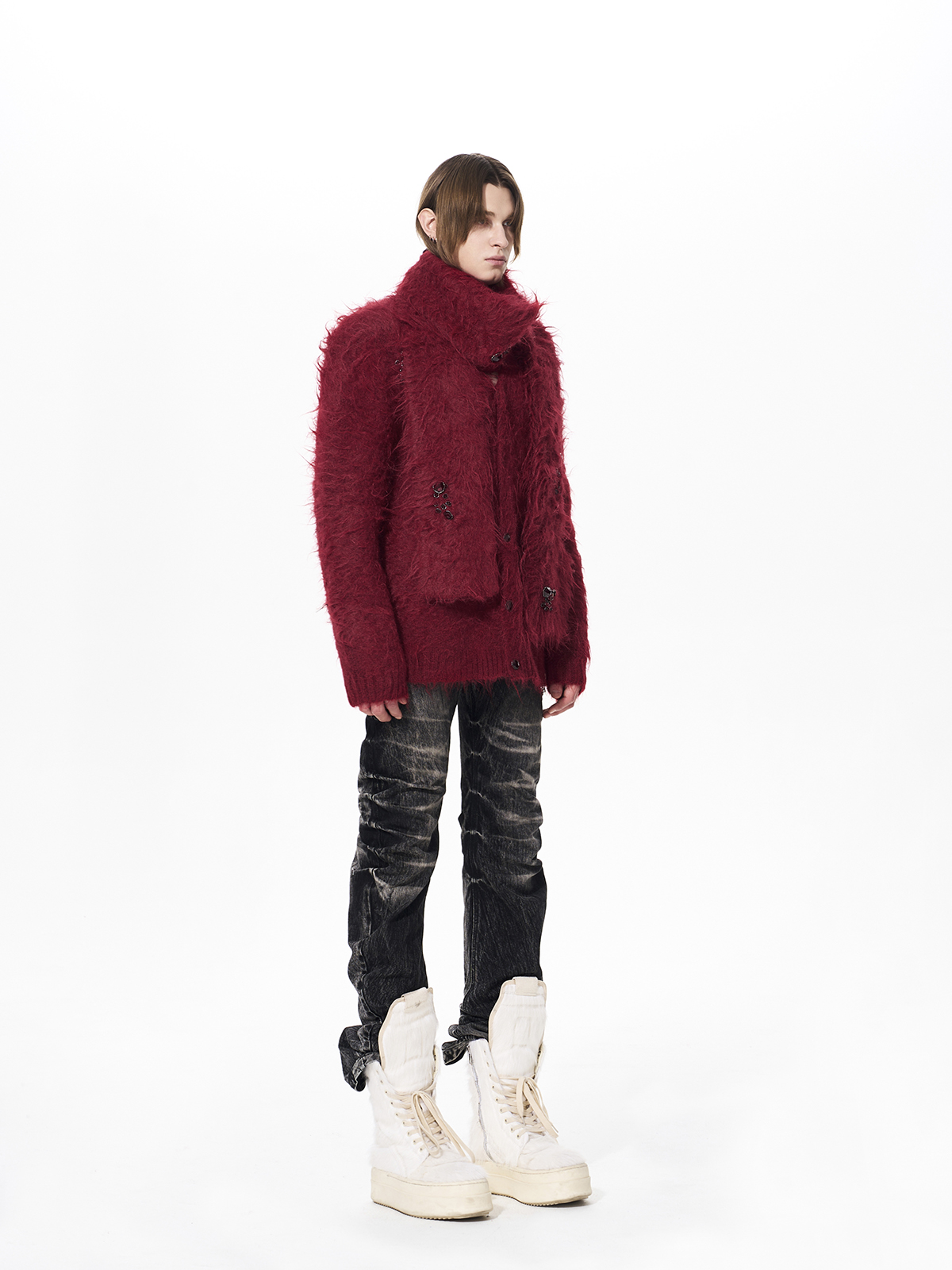 GEMSTONE SCATTERED SHAGGY MOHAIR CARDIGAN-RED