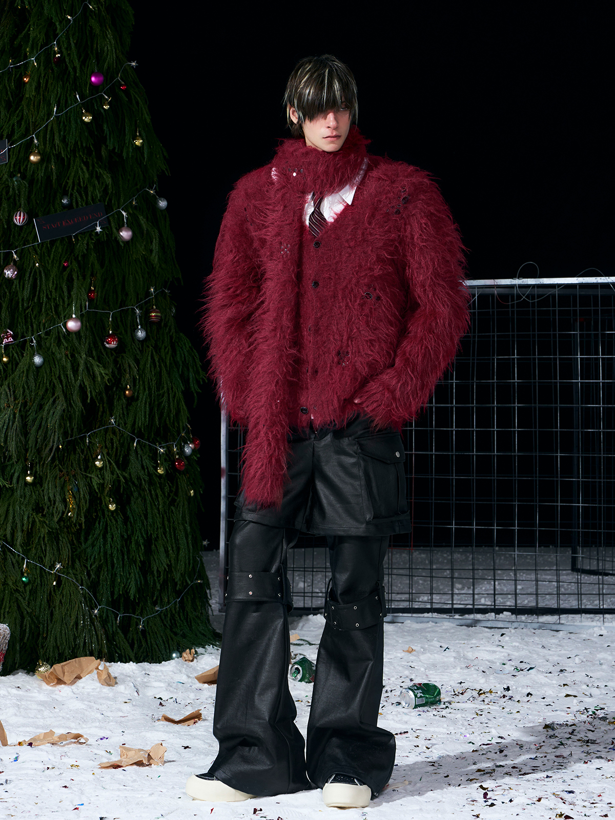 BURGUNDY RED FUZZY MOHAIR CARDIGAN & SCARF SET