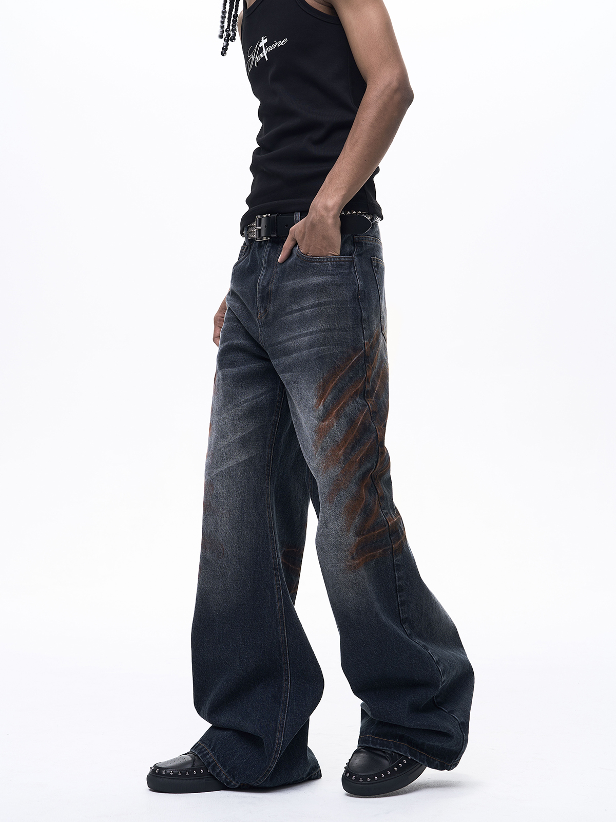 OXIDIZED WHISKER WIDE LEG DENIM-DARK BLUE