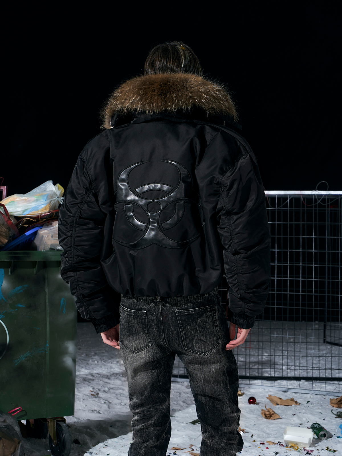 Luxe Detachable Fur Collar Down Bomber-Black