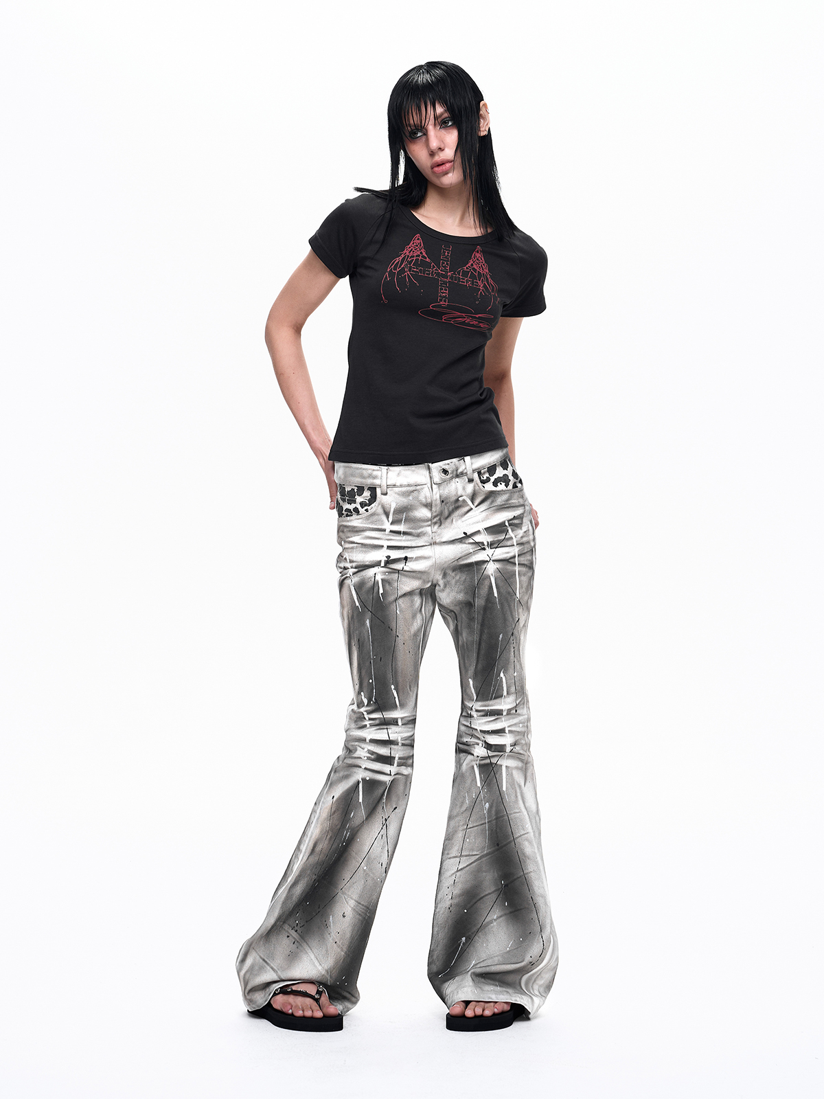 LEOPARD DOUBLE WAISTBAND FLARE JEANS-DIRTY WASH