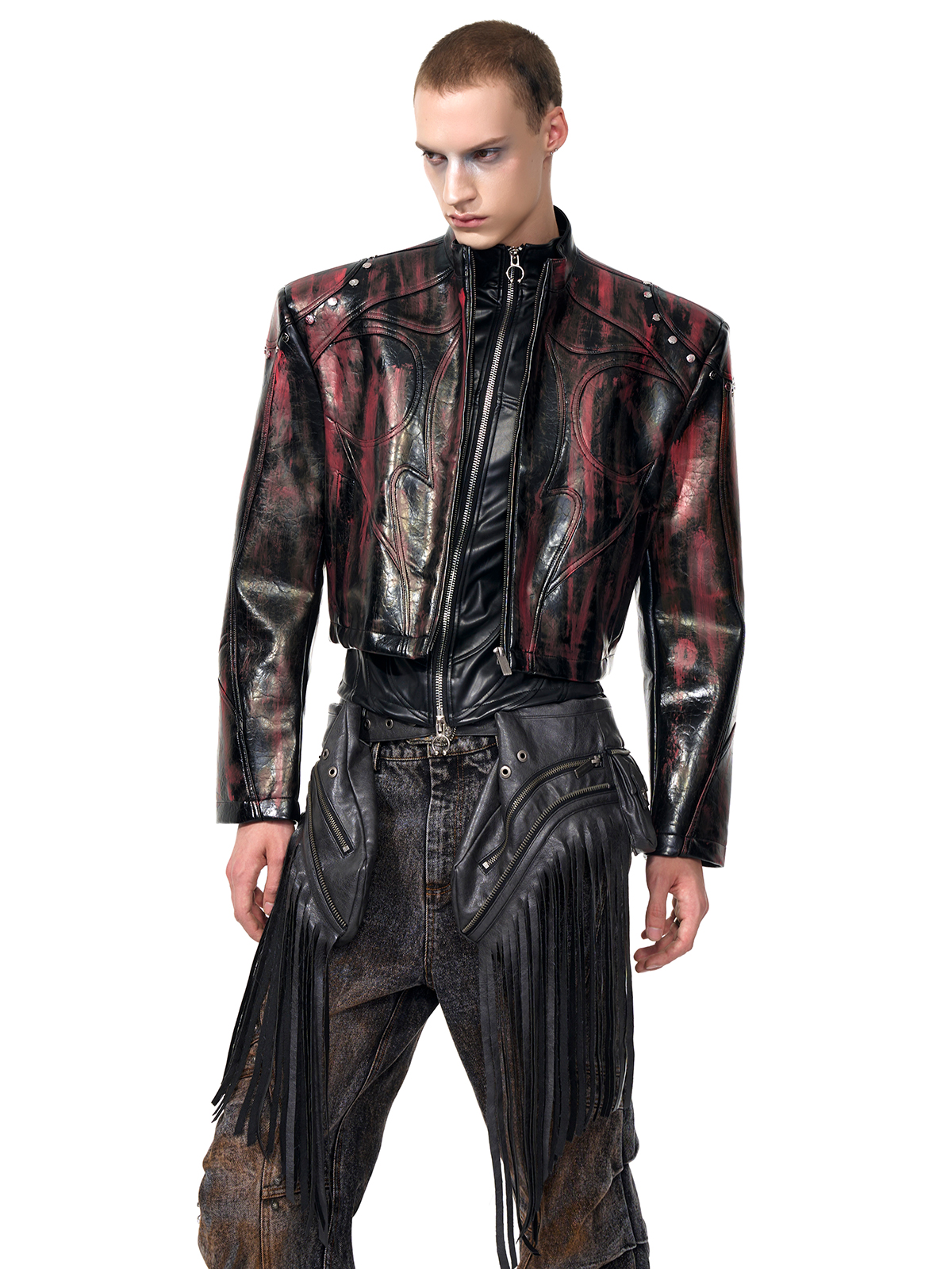 CROPPED STUDDED MOTO JACKET-BRUSHED BLACK/RED