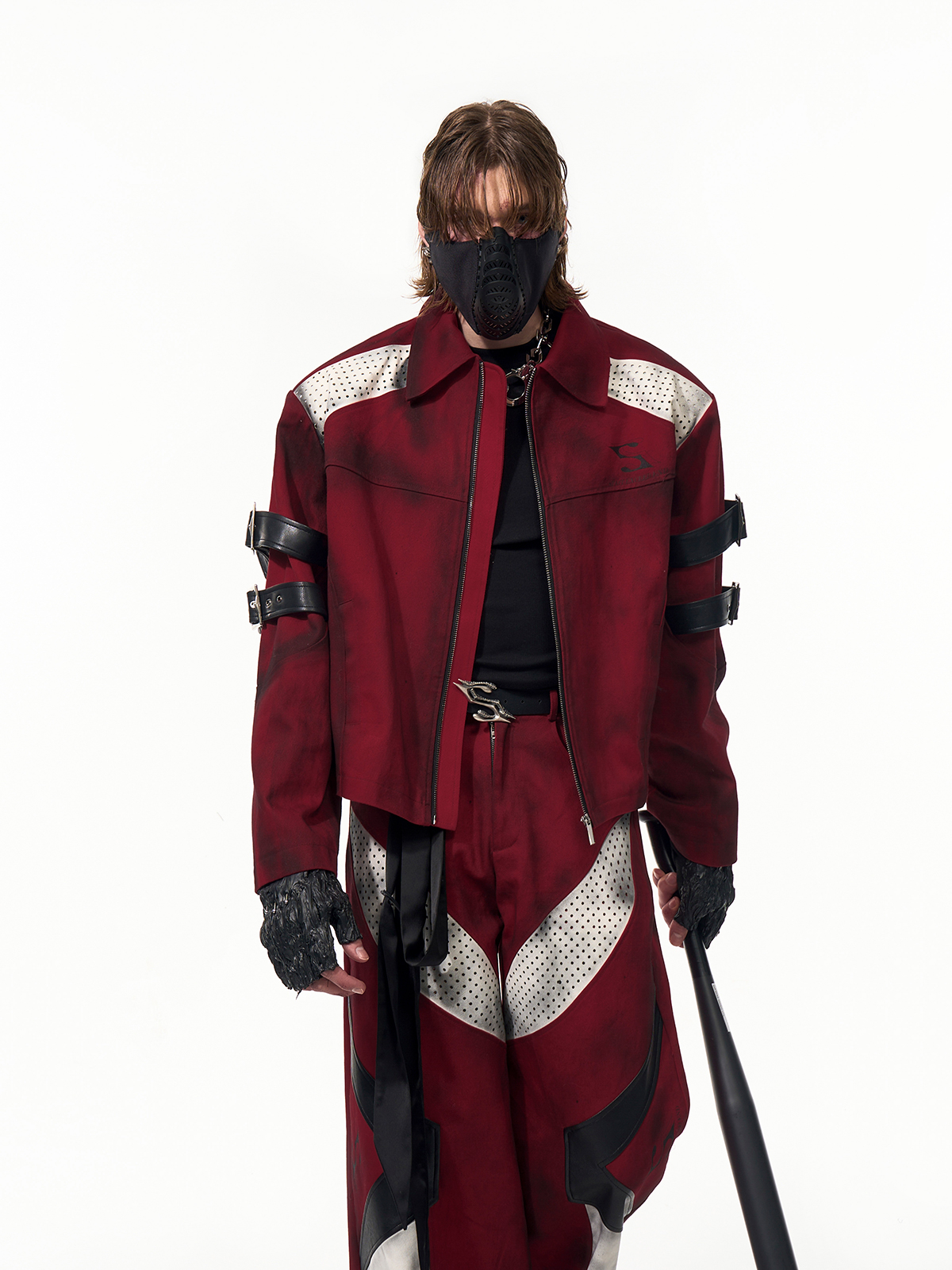 DISTRESSED RED CYBER-MOTO JACKET & PANTS SET-START EXCEED END
