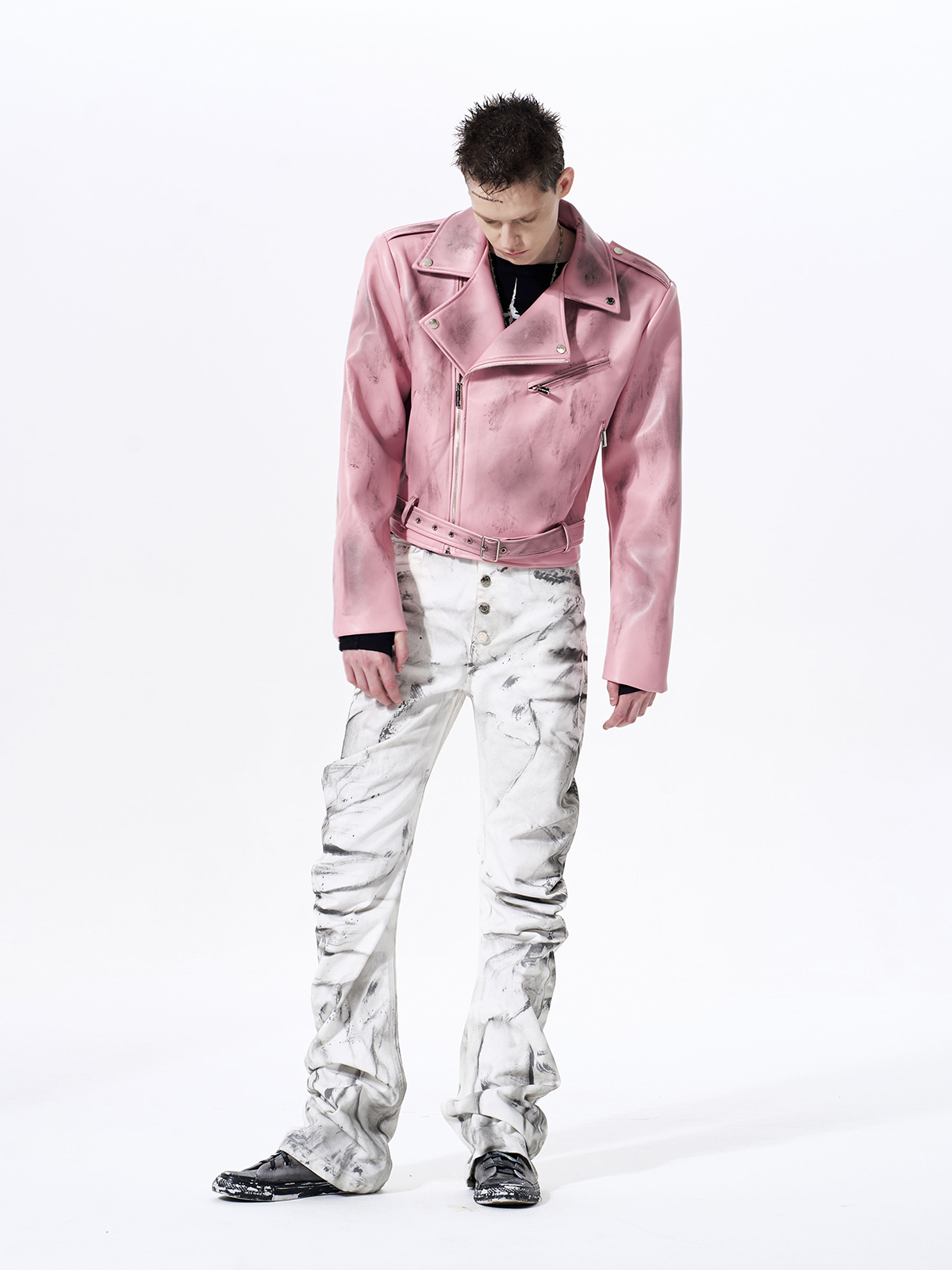 DISTRESSED WAR HORSE BIKER JACKET-PINK