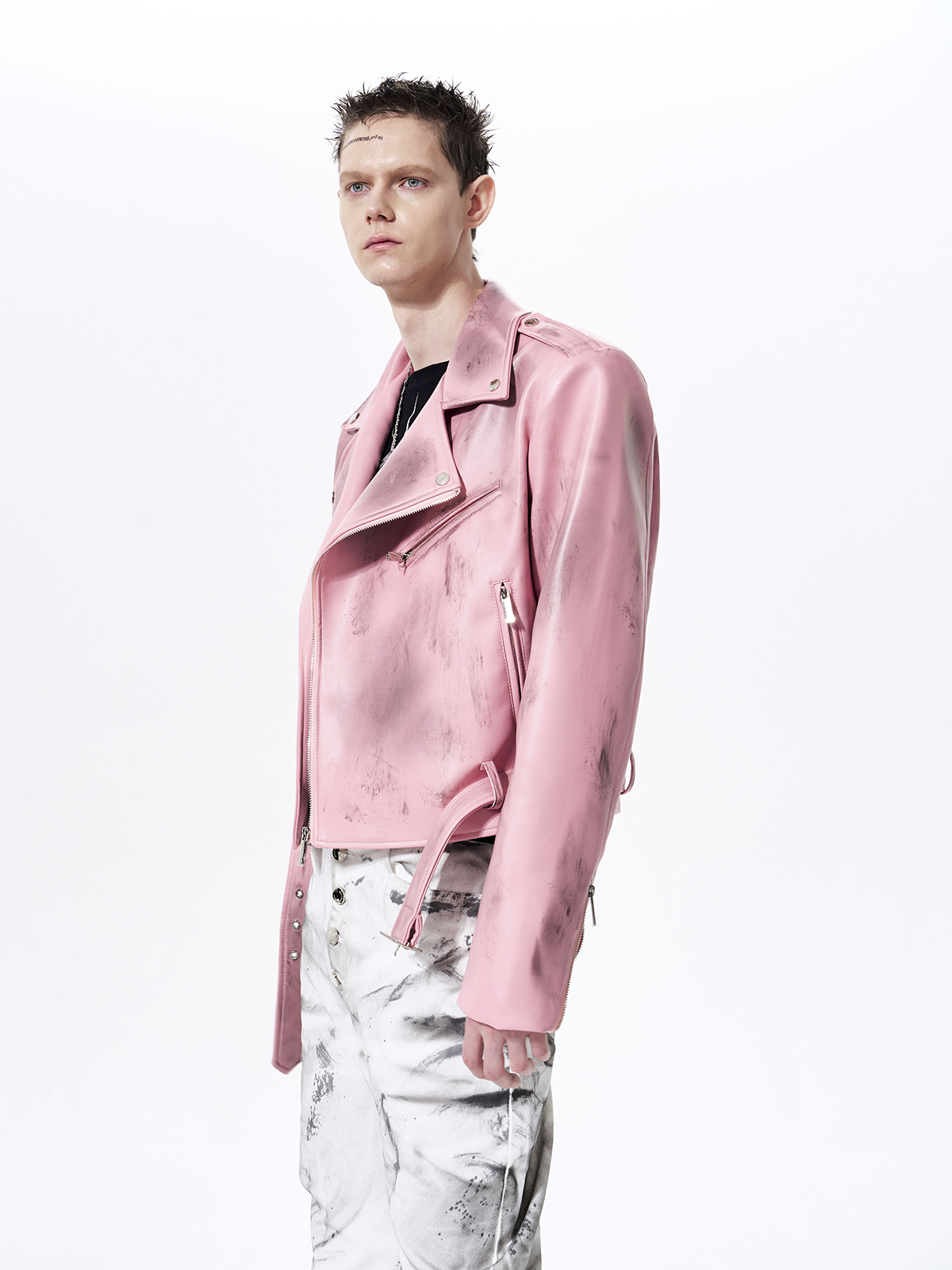 DISTRESSED WAR HORSE BIKER JACKET-PINK