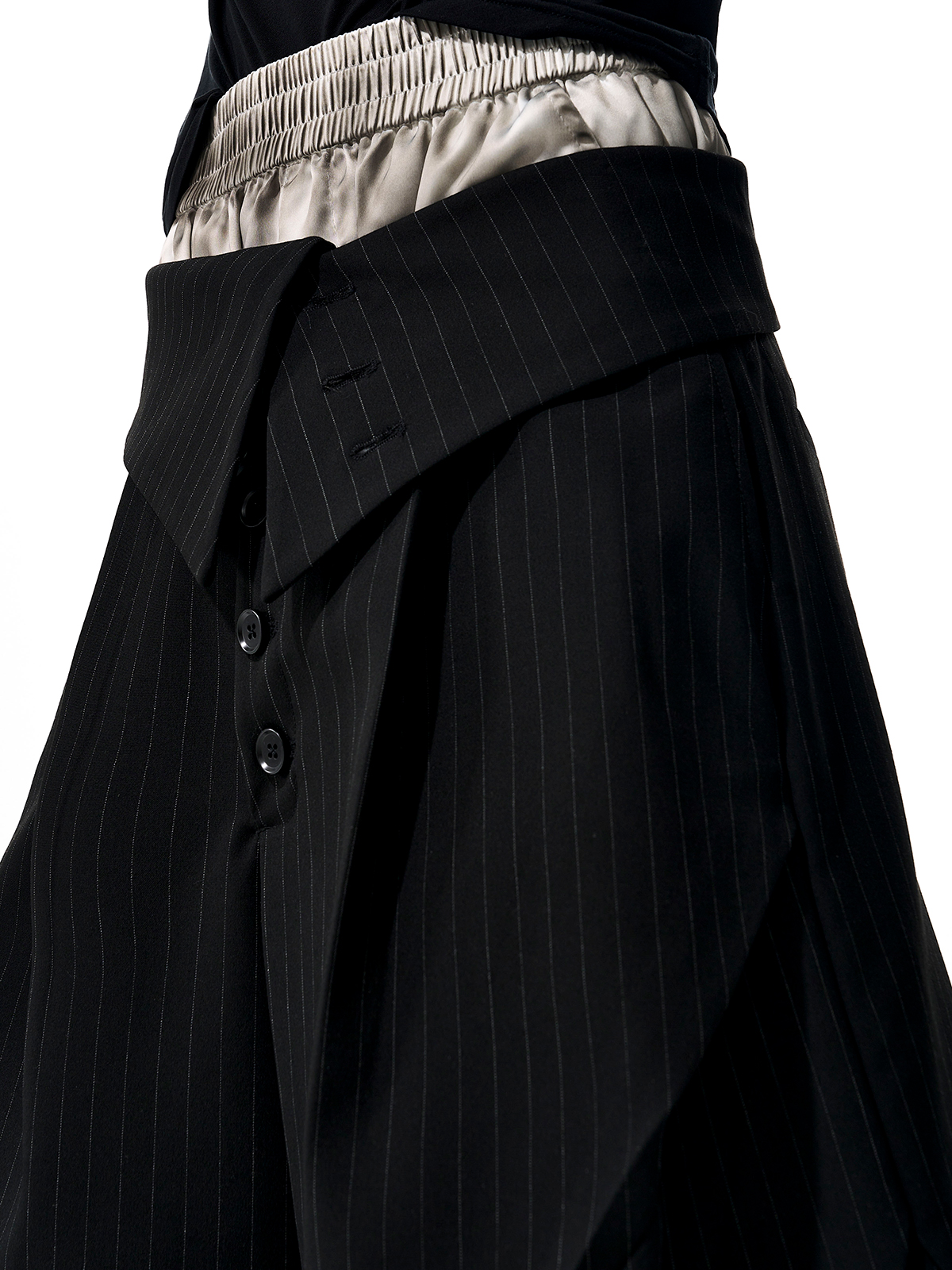 FOLD-OVER WAIST PINSTRIPE WIDE-LEG TROUSERS-BLACK