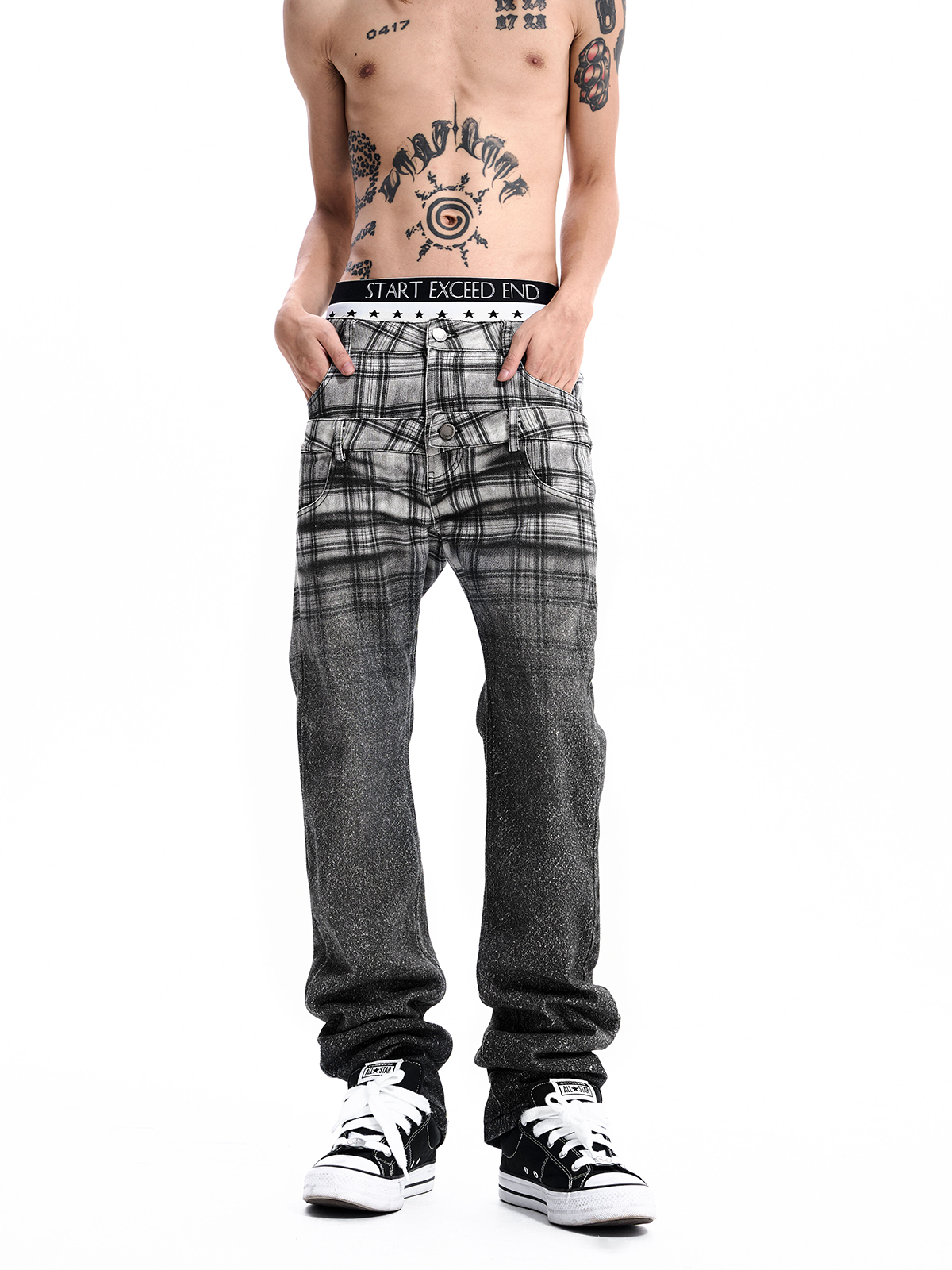 PLAID DOUBLE WAIST JEANS