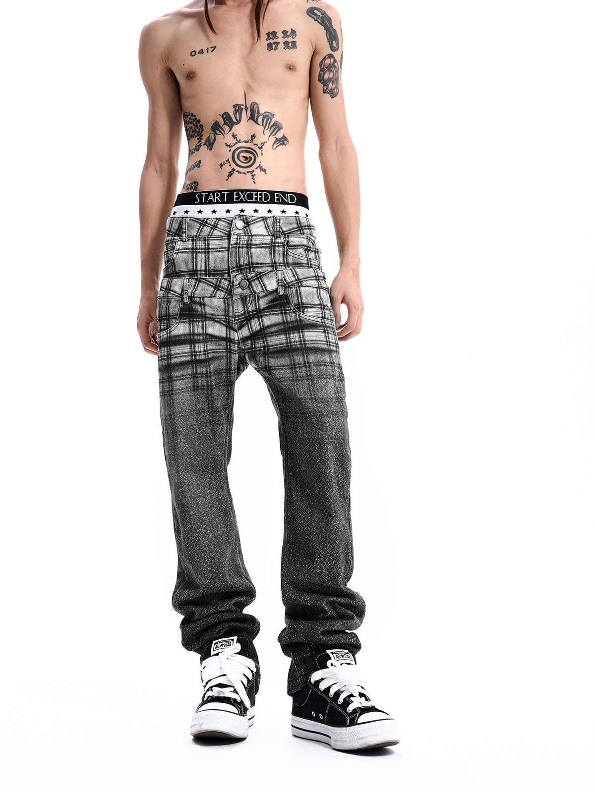 PLAID DOUBLE WAIST JEANS