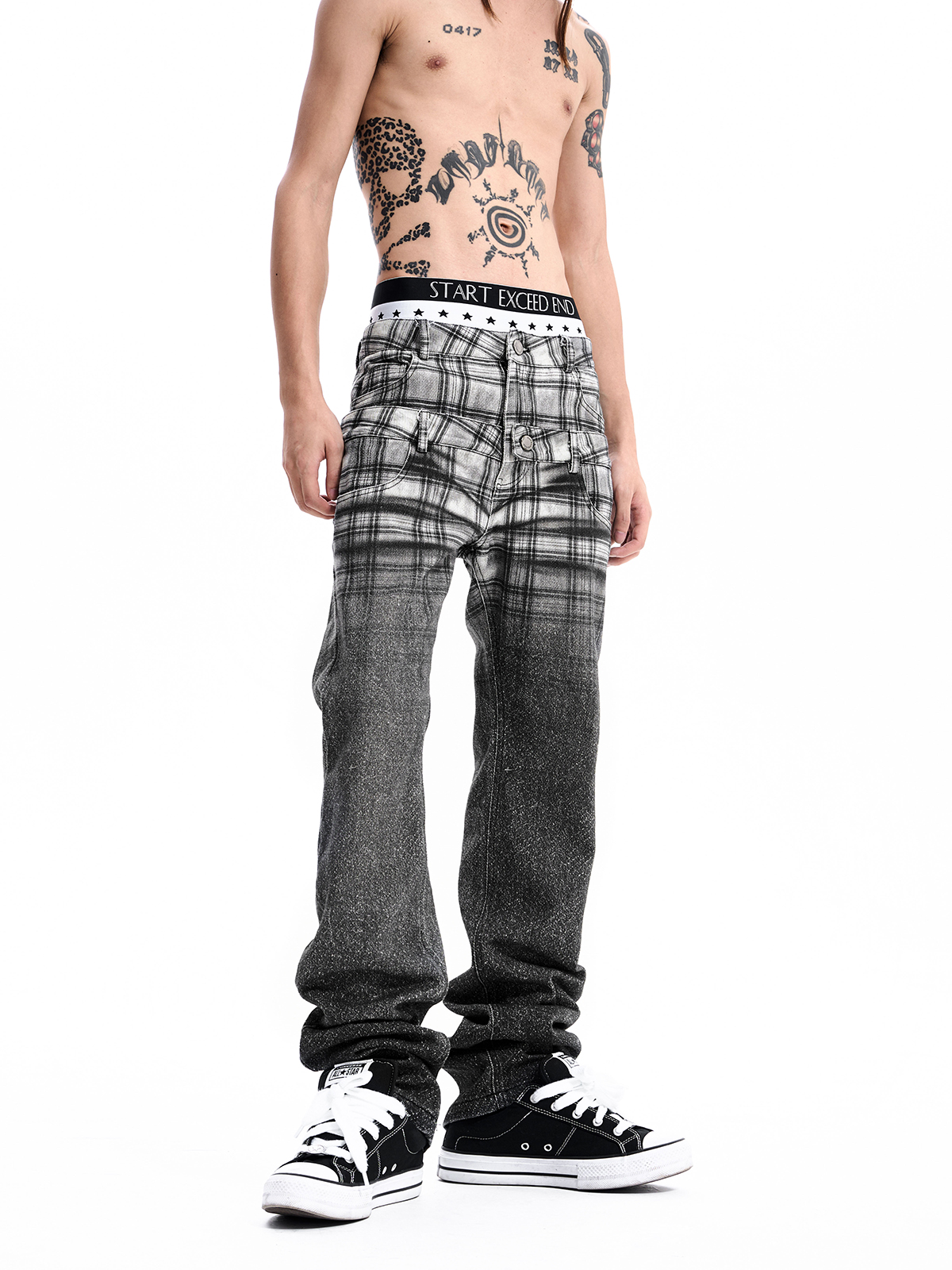 PLAID DOUBLE WAIST JEANS