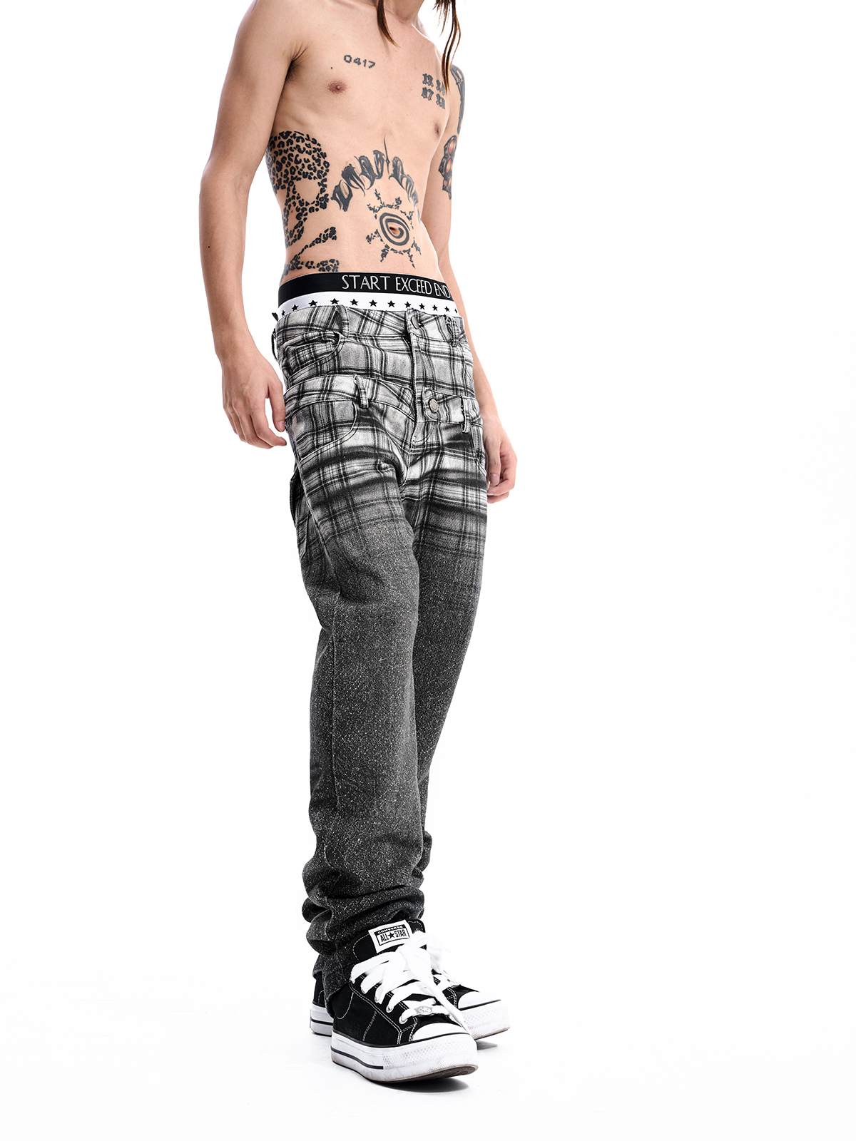 PLAID DOUBLE WAIST JEANS