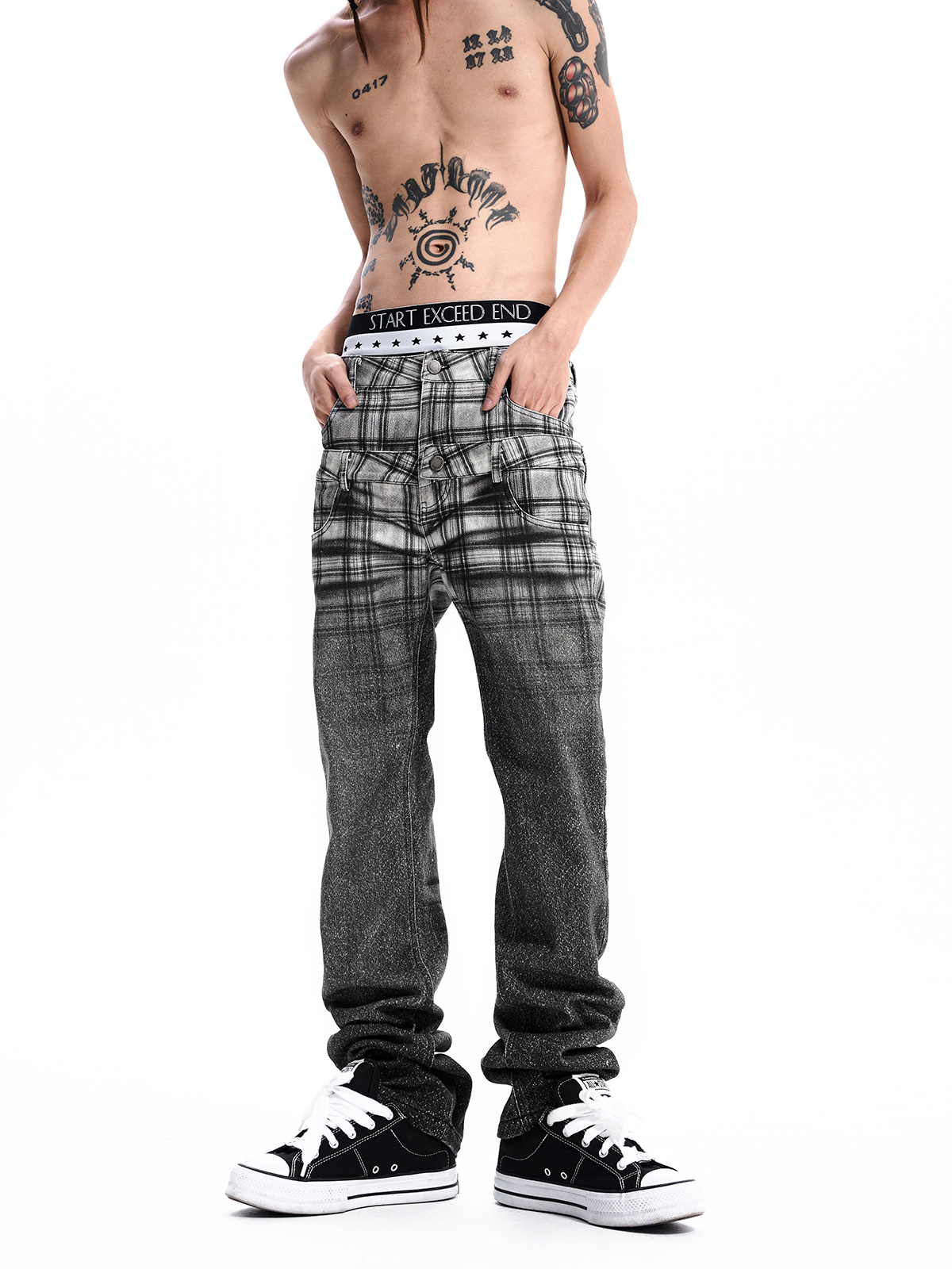 PLAID DOUBLE WAIST JEANS