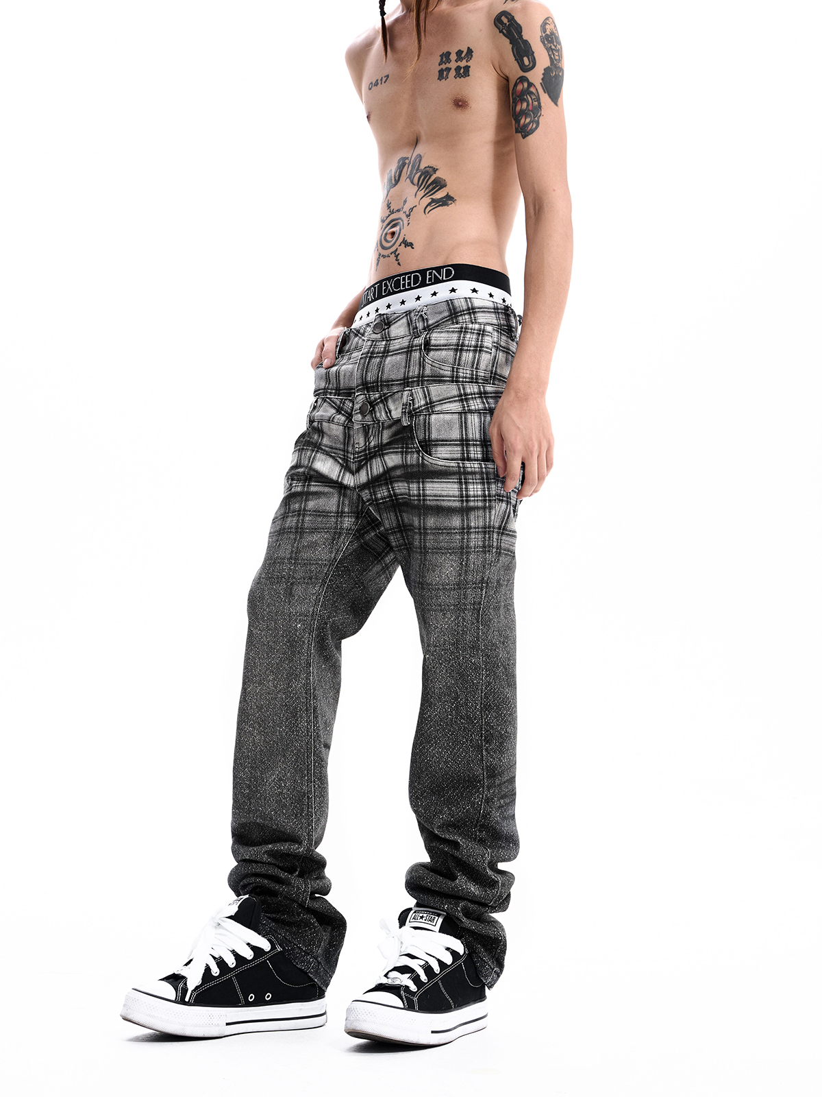 PLAID DOUBLE WAIST JEANS