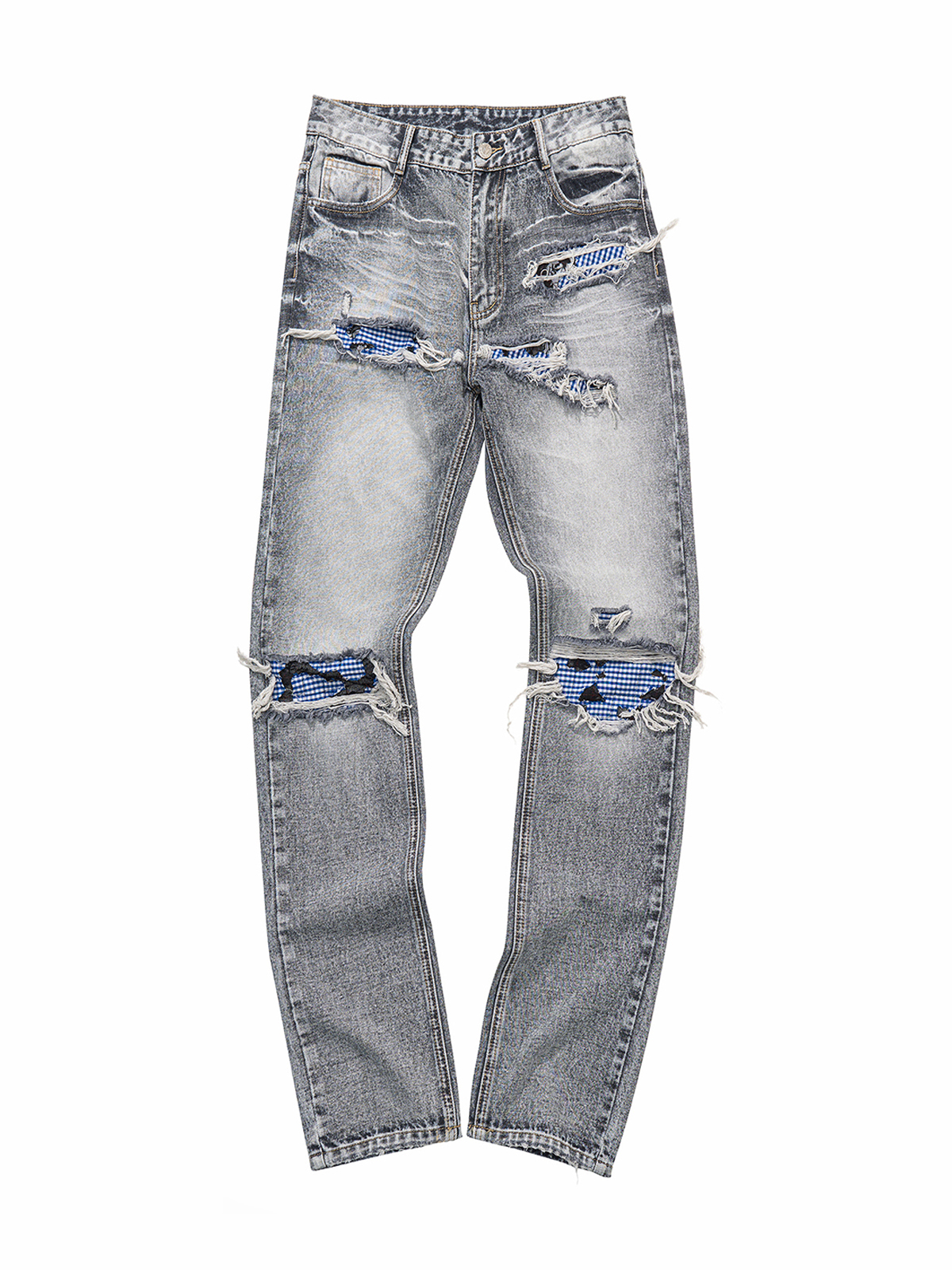 PLAID PATCH DISTRESSED JEANS