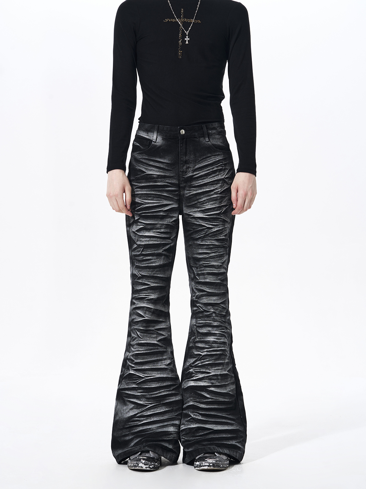 METALLIC COATED RIPPLE PLEATED FLARE DENIM