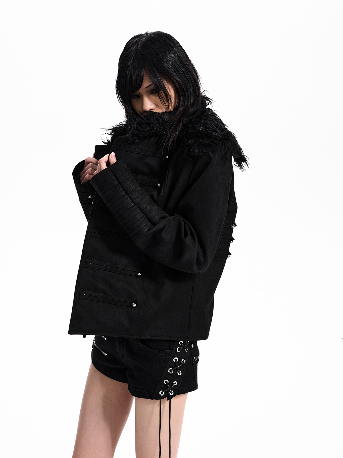 PLUSH COLLAR MILITARY JACKET-BLACK