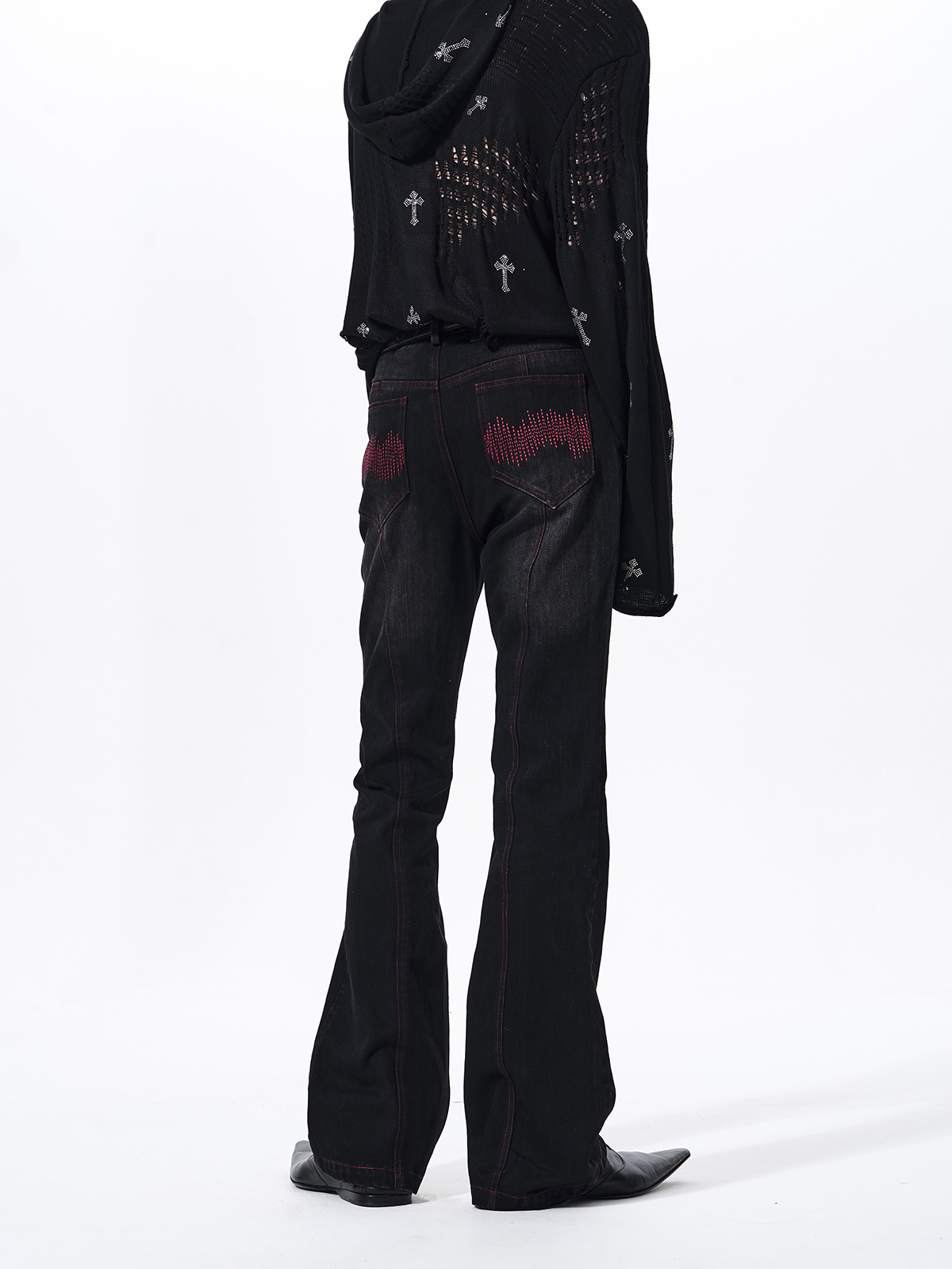 DISTRESSED SOUNDWAVE LEATHER PATCHWORK FLARED JEANS