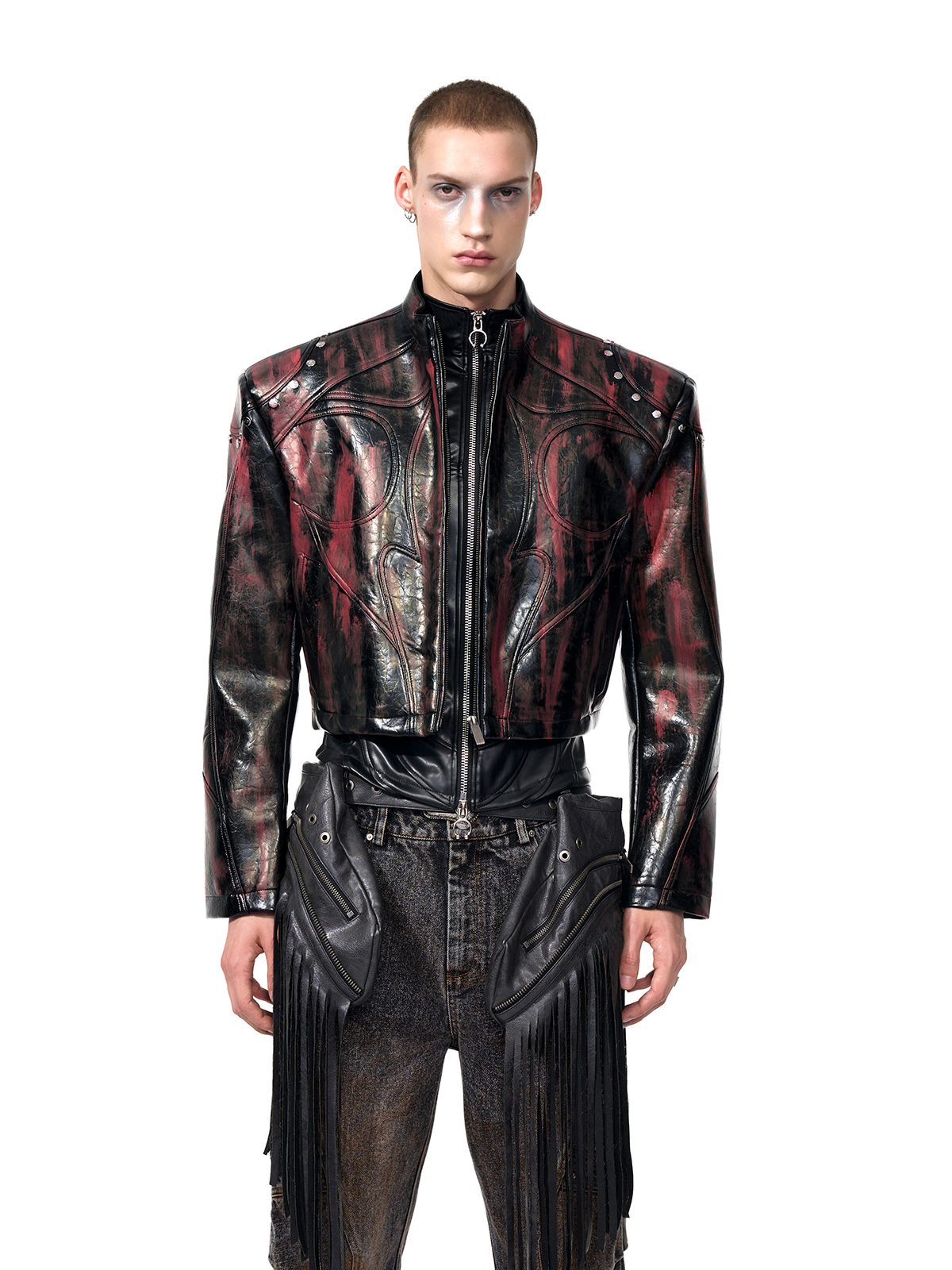 CROPPED STUDDED MOTO JACKET-BRUSHED BLACK/RED