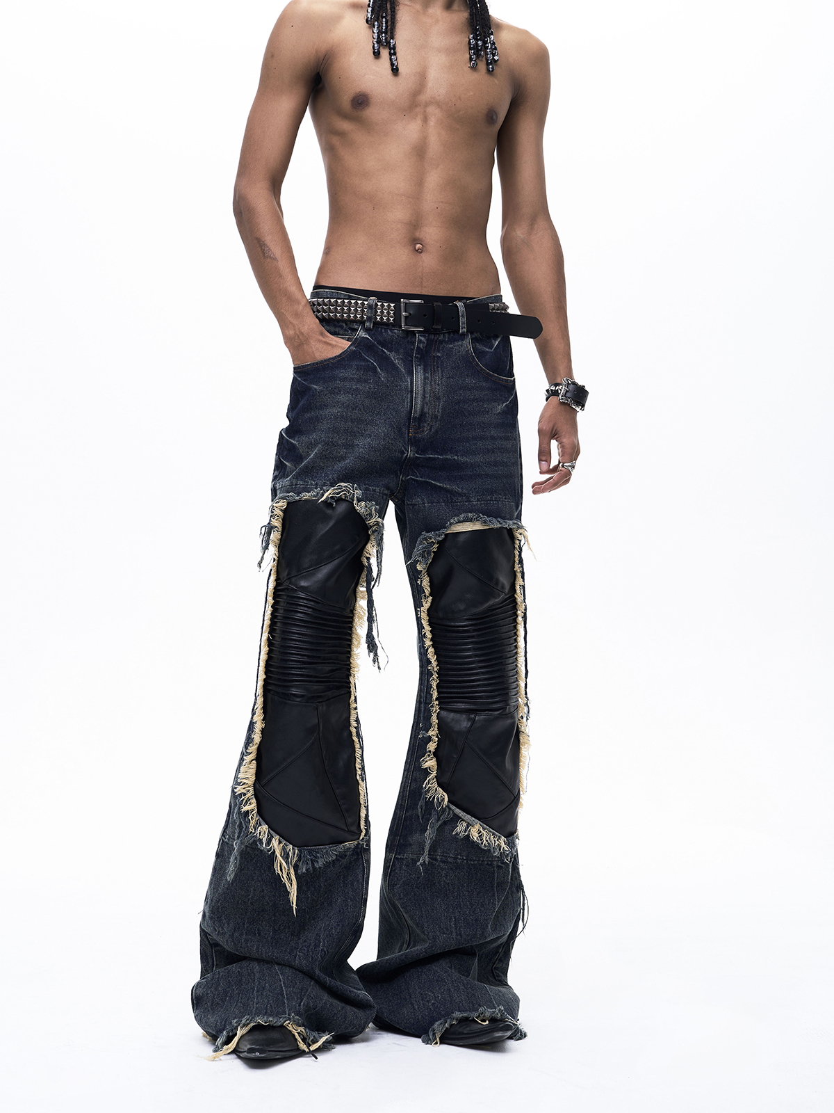 LEATHER PATCHWORK FLARED DENIM