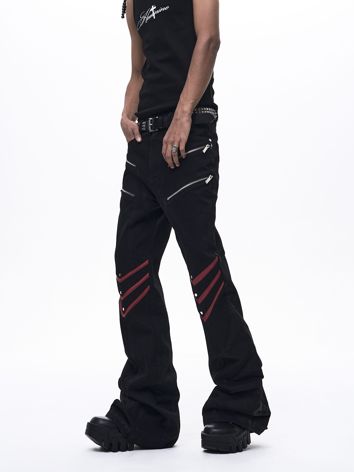 INDUSTRIAL ZIPPER LEATHER PATCHWORK FLARE JEANS-BLACK