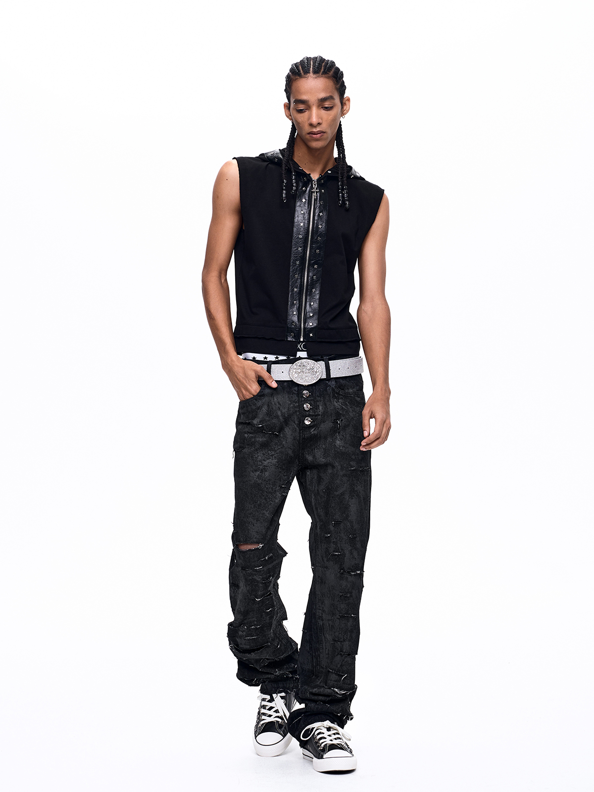 WAXED DISTRESSED 5-BUTTON SLIM STRAIGHT JEANS