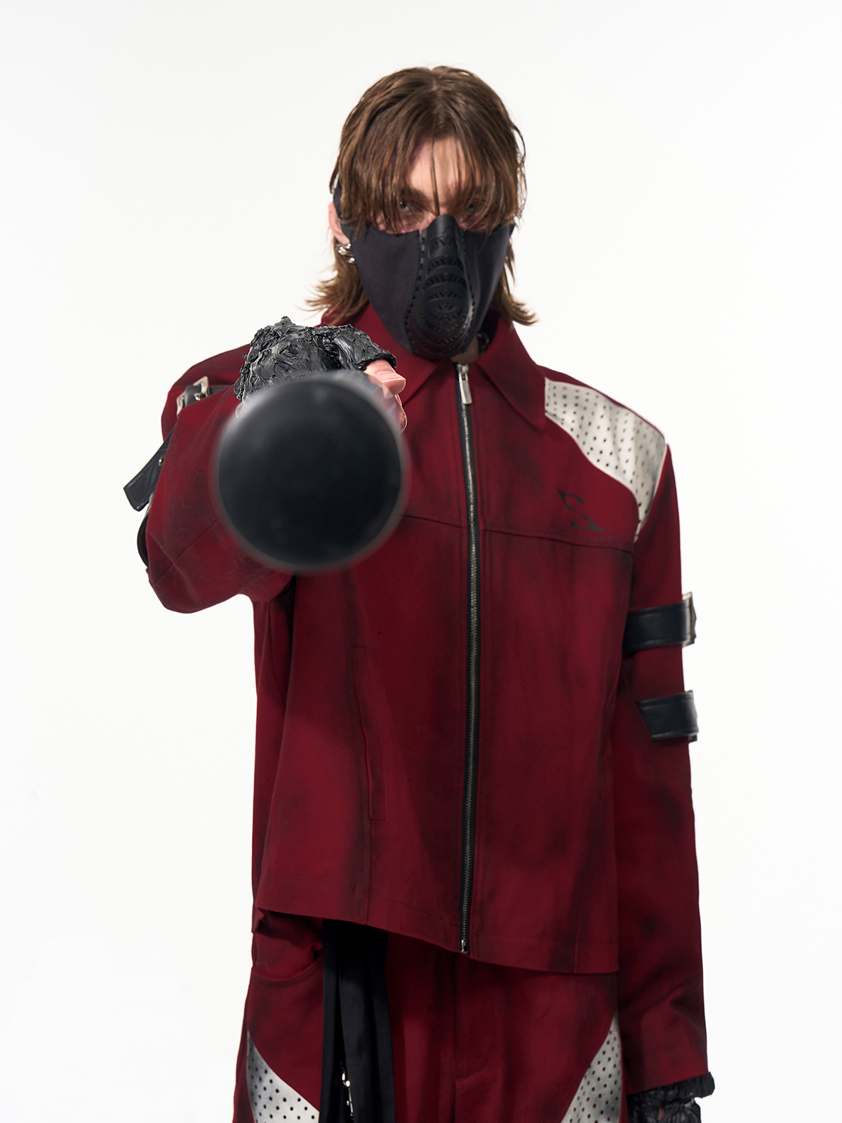 DISTRESSED RED CYBER-MOTO JACKET & PANTS SET-START EXCEED END