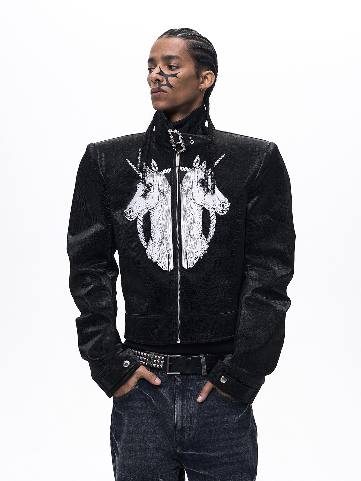 EMBROIDERED UNICORN STAND COLLAR LEATHER JACKET