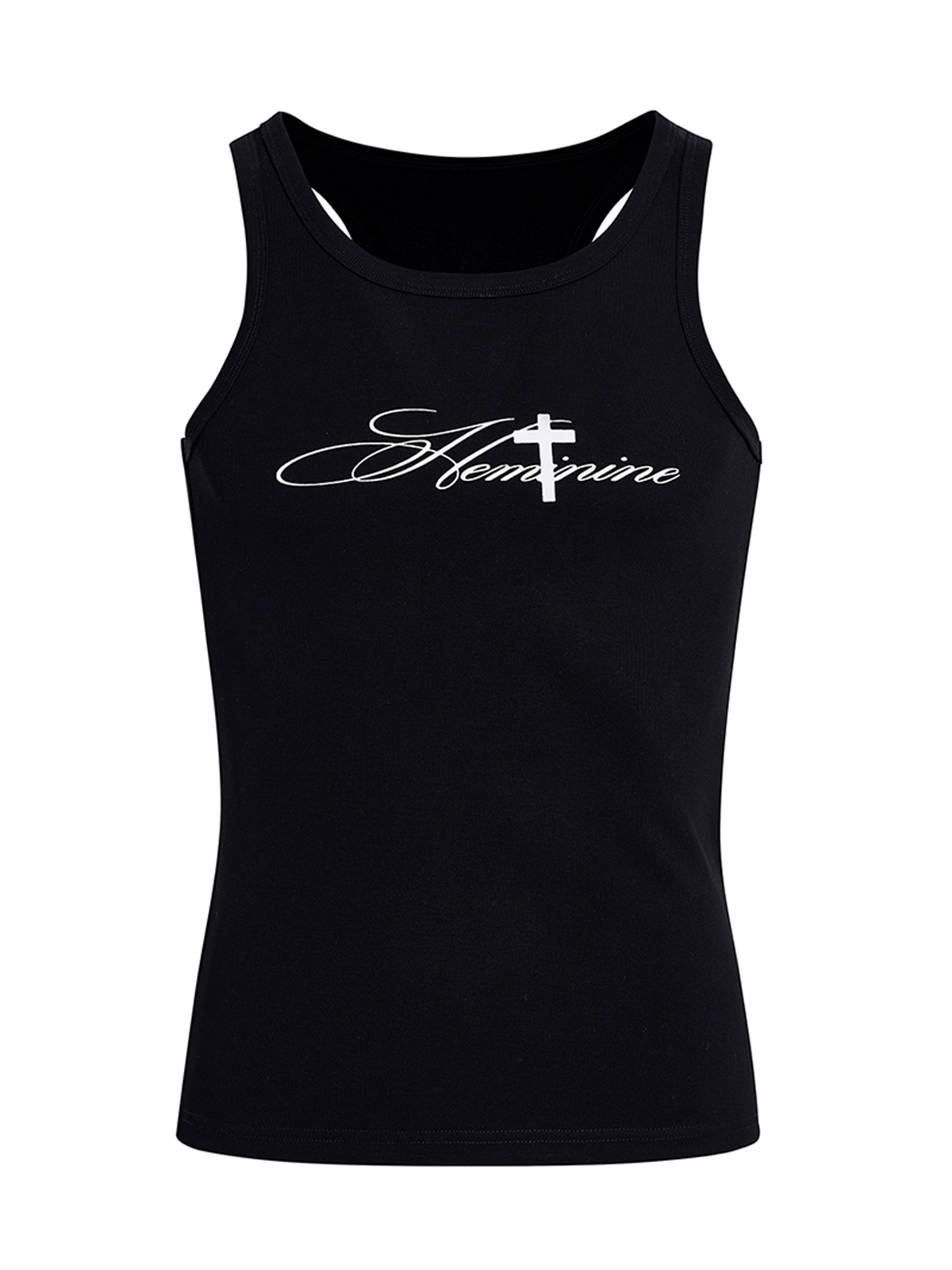 GOTHIC CROSS PRINT RIBBED TANK TOP-BLACK