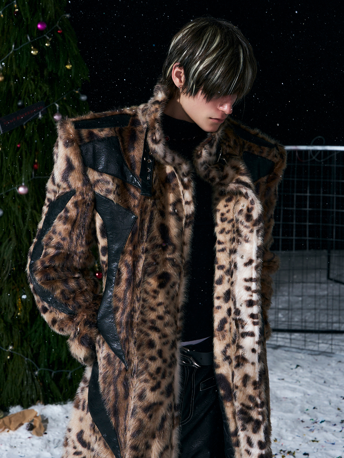 LEOPARD FAUX FUR LEATHER-PANEL MAXI COAT