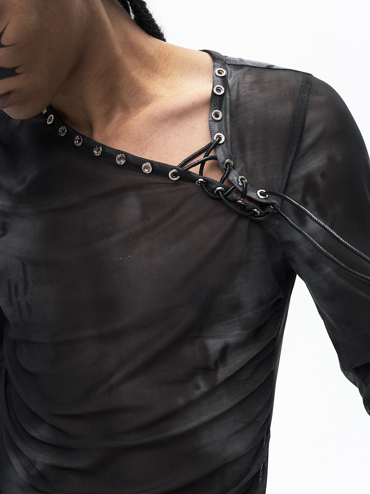 ASYMMETRICAL LACE-UP SHEER MESH TOP-BLACK
