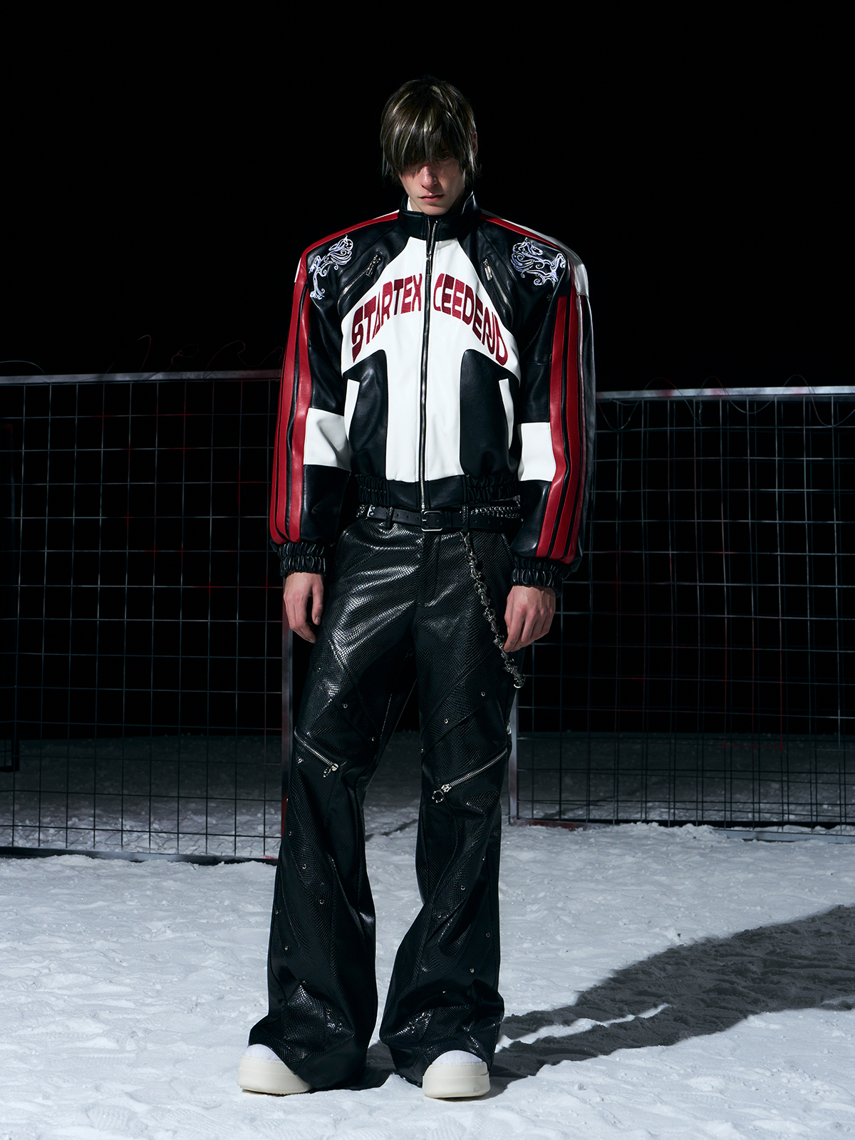 BLACK & RED EMBROIDERED FAUX LEATHER RACING JACKET