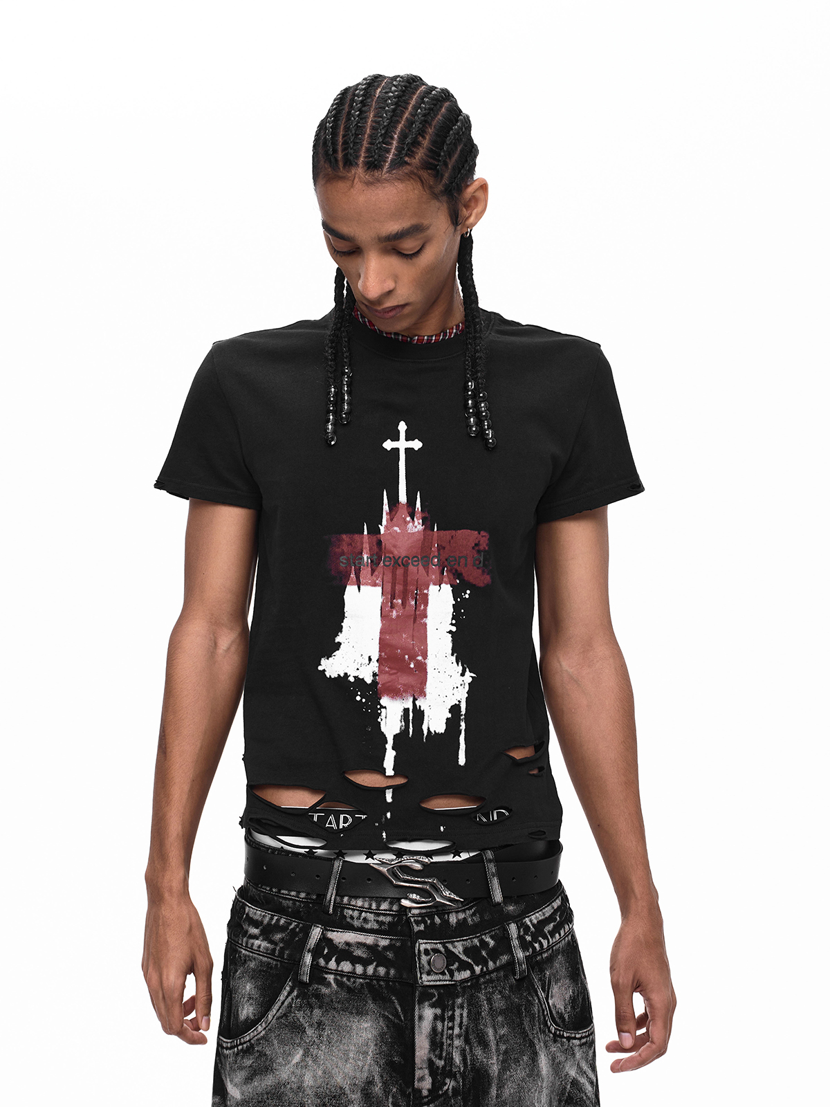 DISTRESSED GOTHIC CROSS PLAID-COLLAR TEE