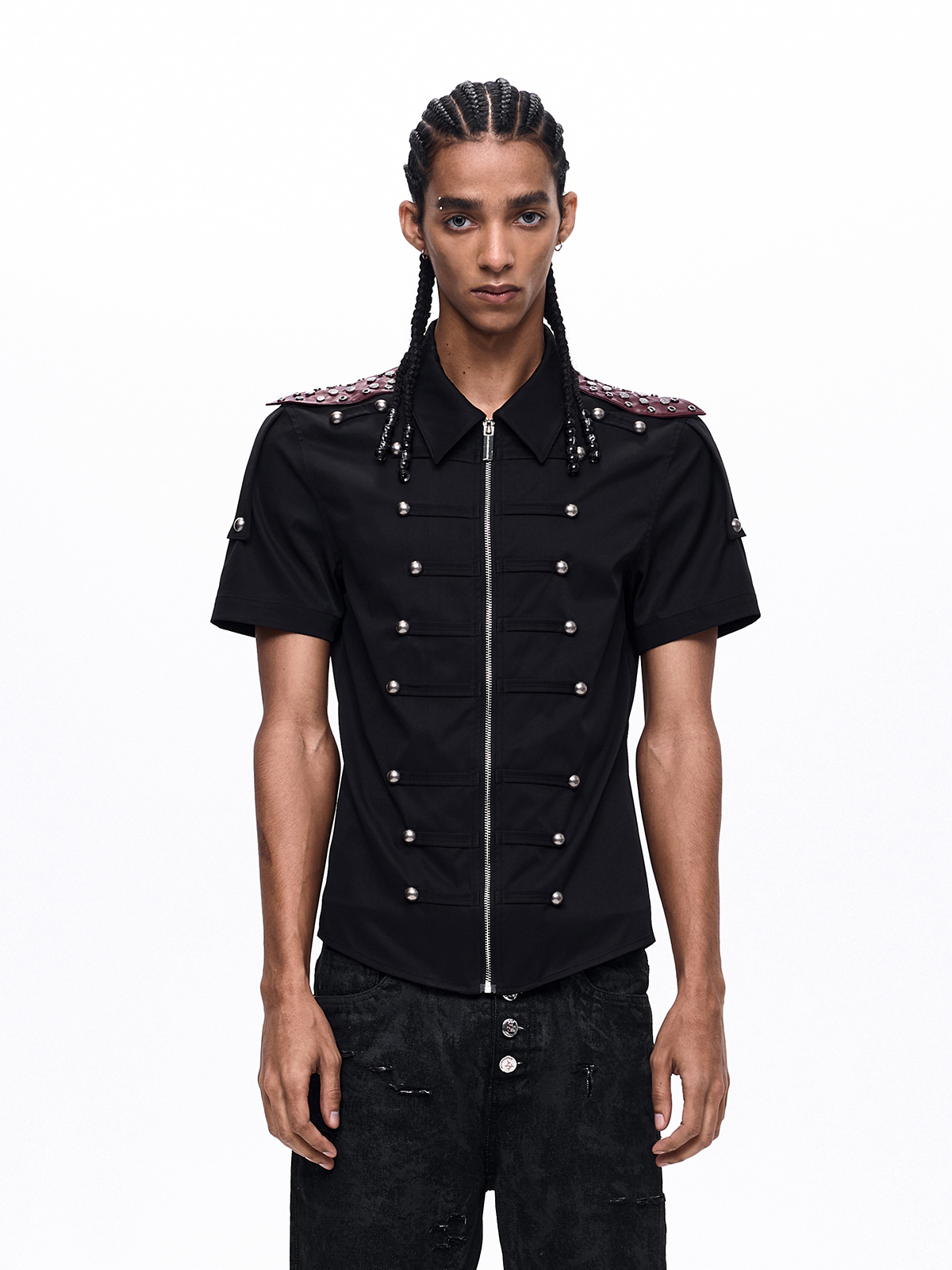 MEDIEVAL STUDDED LEATHER-PANEL ZIP SHIRT