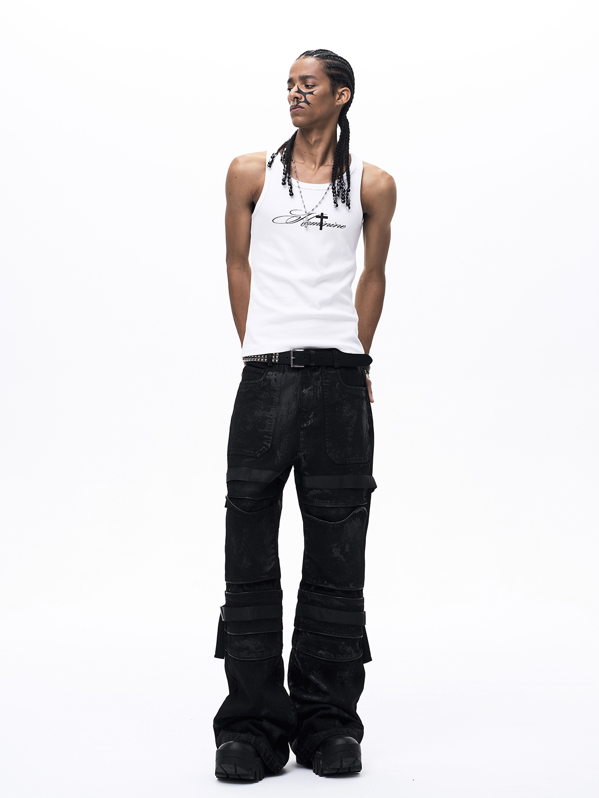 GOTHIC CROSS PRINT RIBBED TANK TOP-WHITE