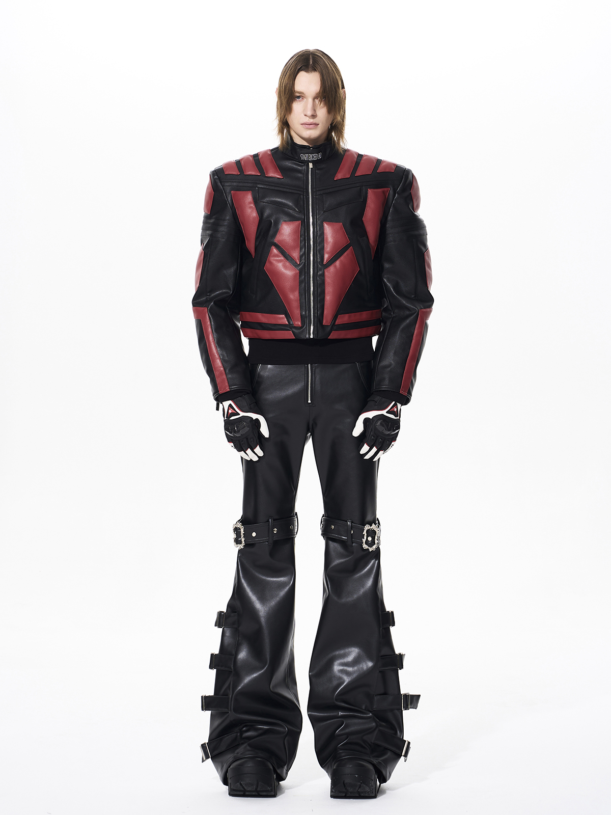 MULTI-BUCKLE STRAP RIVET FLARED PU LEATHER PANTS