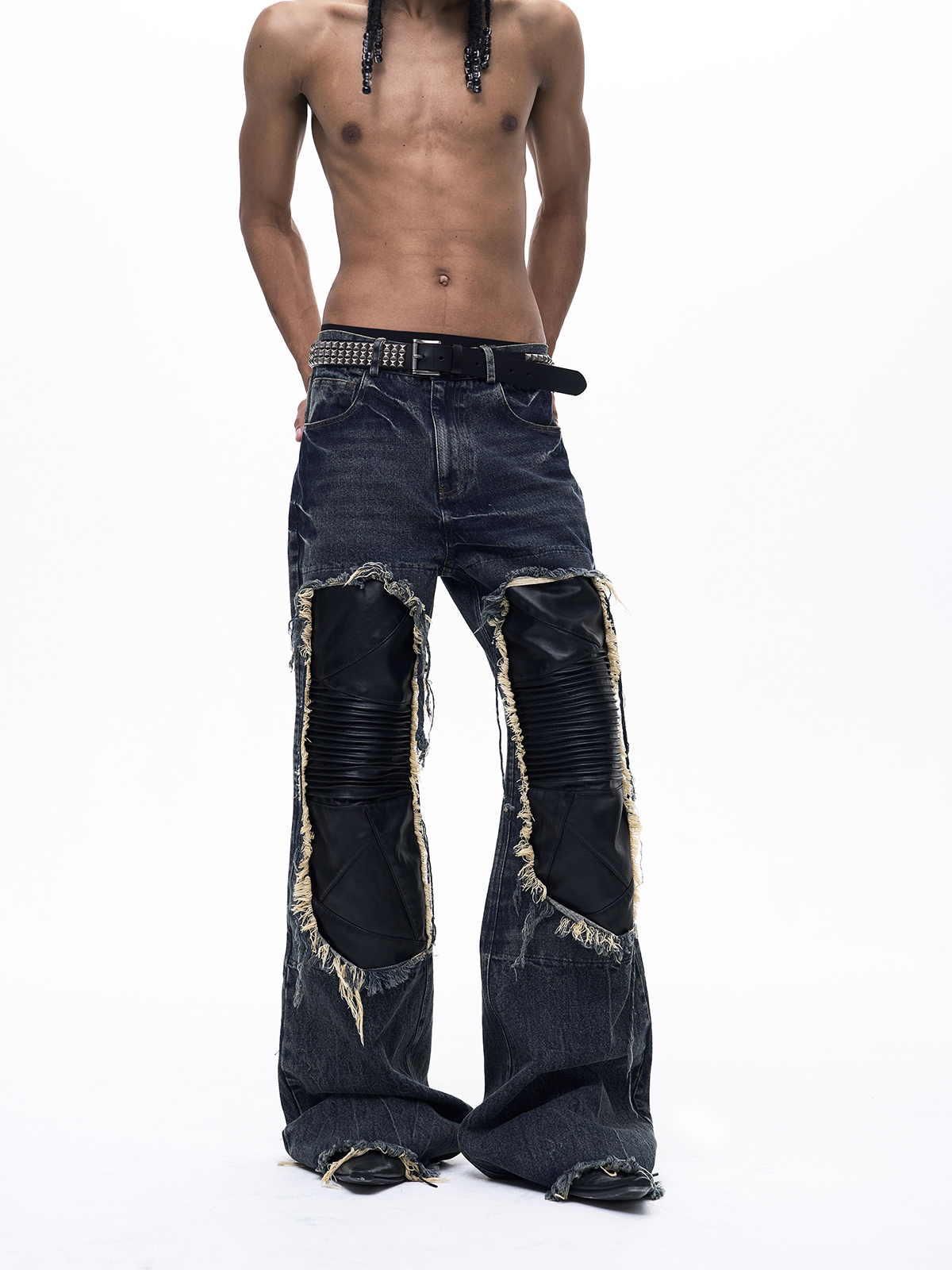 LEATHER PATCHWORK FLARED DENIM