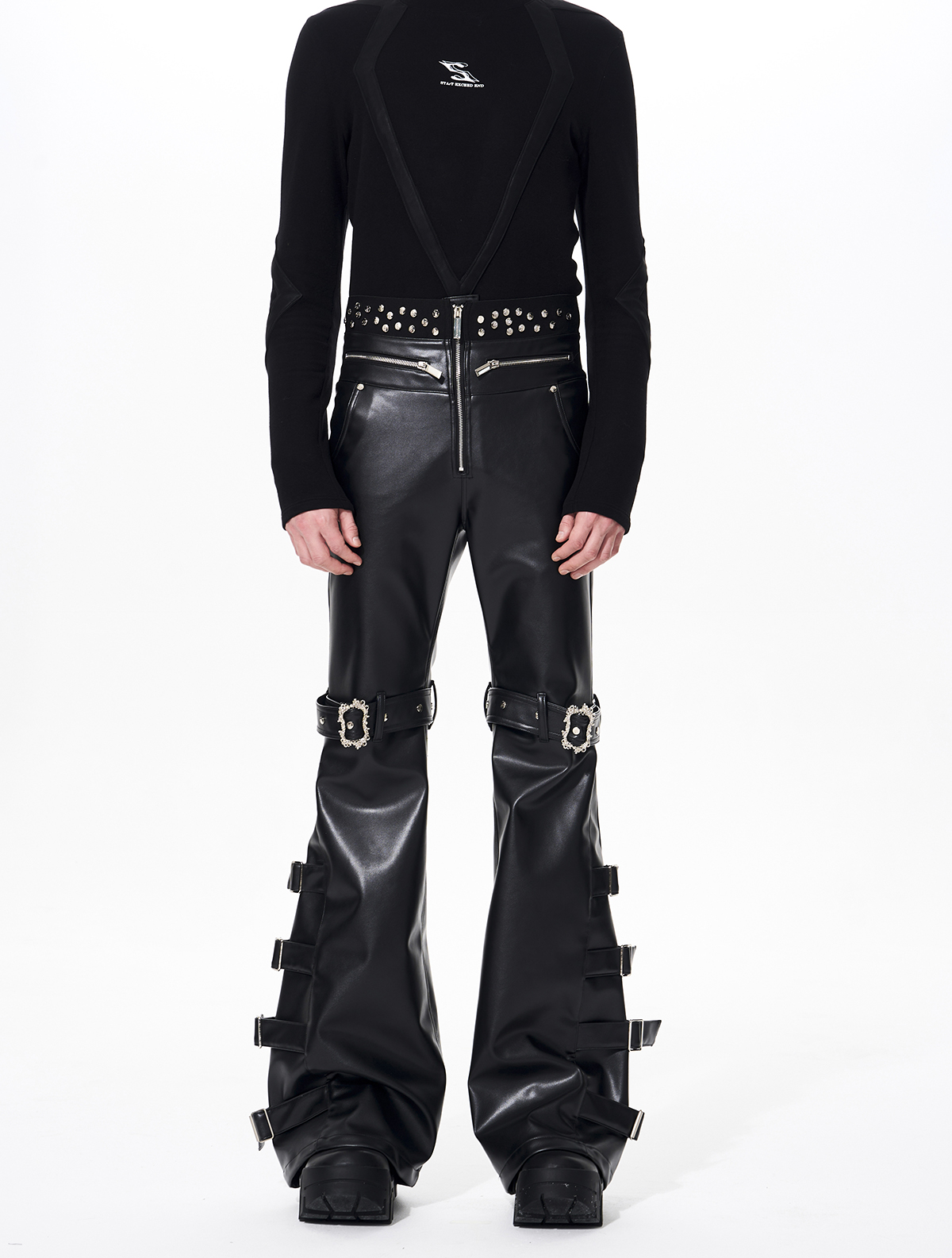 MULTI-BUCKLE STRAP RIVET FLARED PU LEATHER PANTS