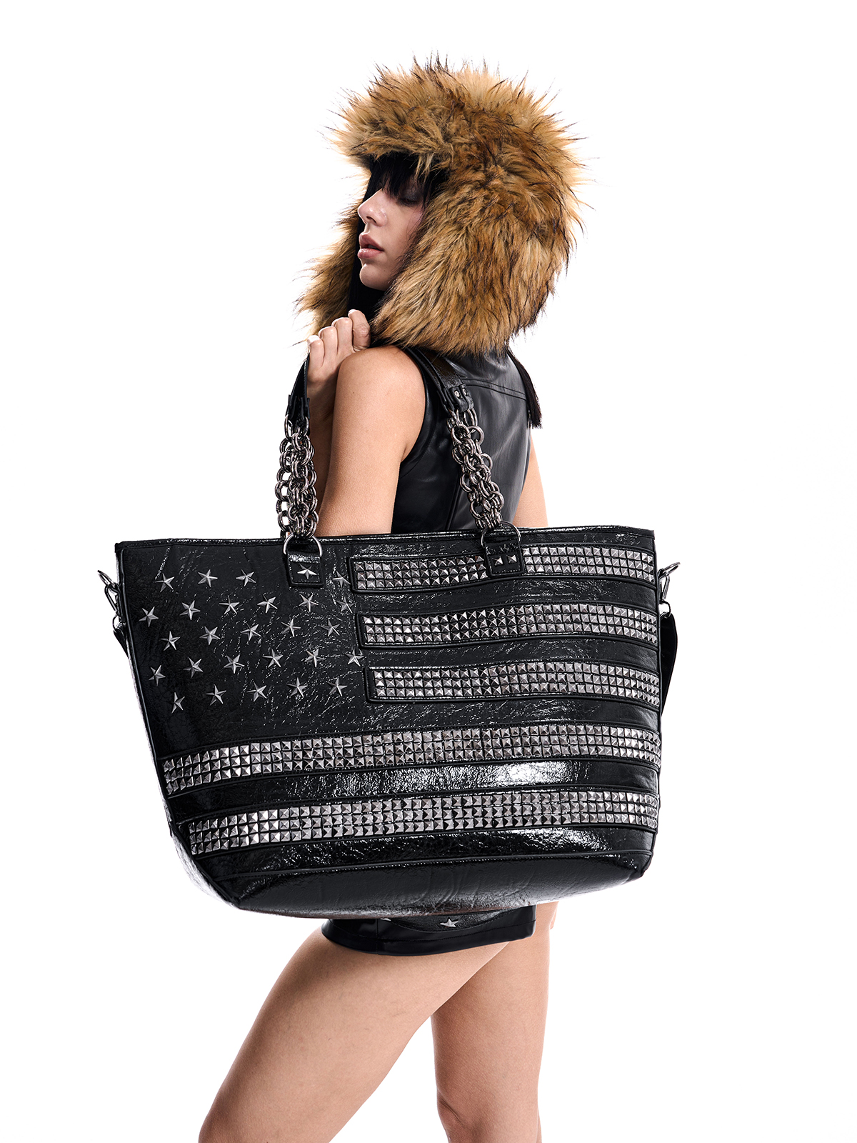 STUDDED AMERICAN FLAG TOTE BAG