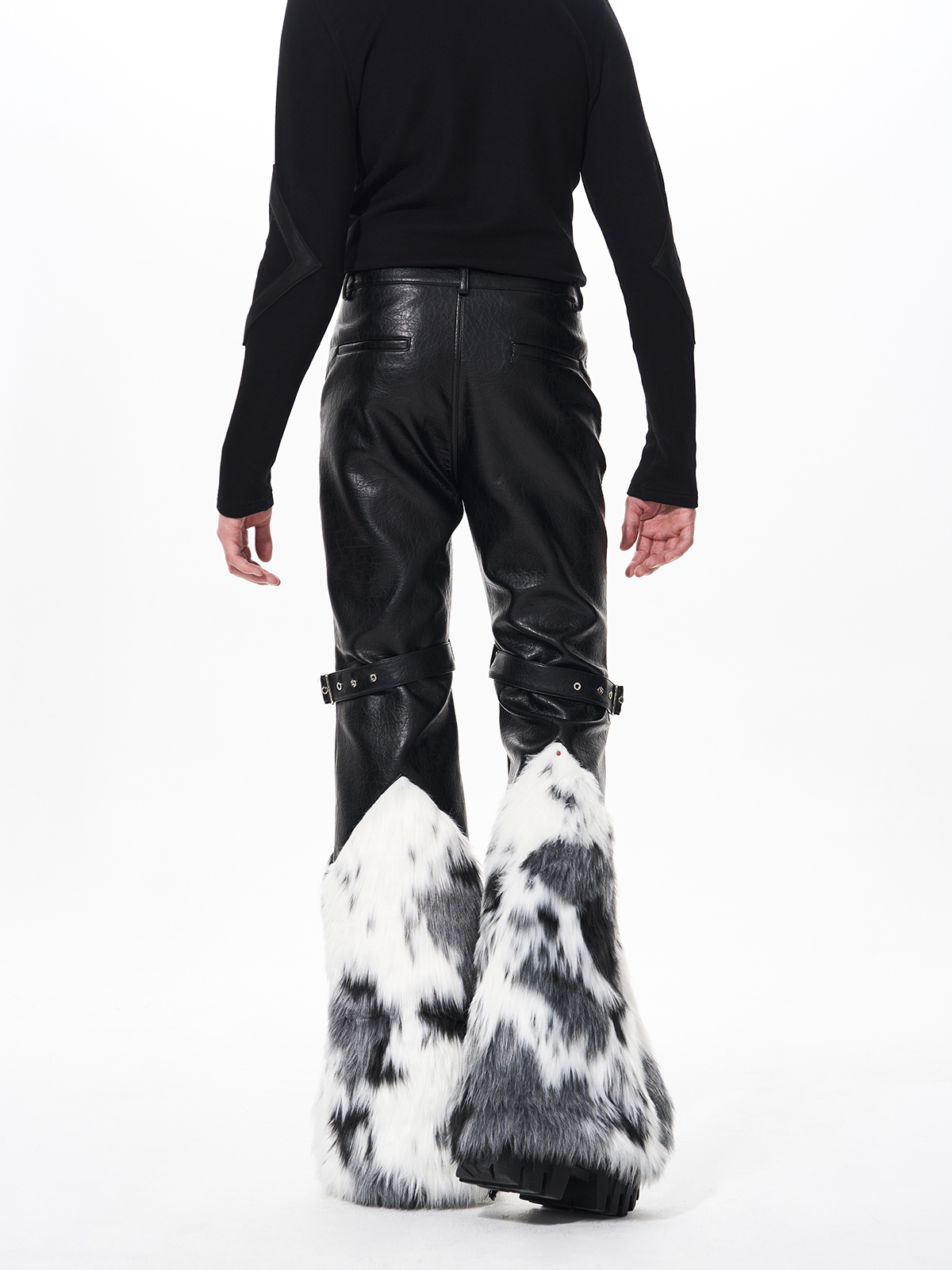 FAUX FUR SPLICED BUCKLE STRAP FLARED LEATHER PANTS