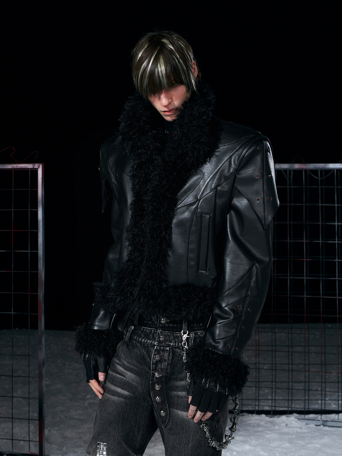 DECONSTRUCTED FUR-TRIM PADDED LEATHER JACKET