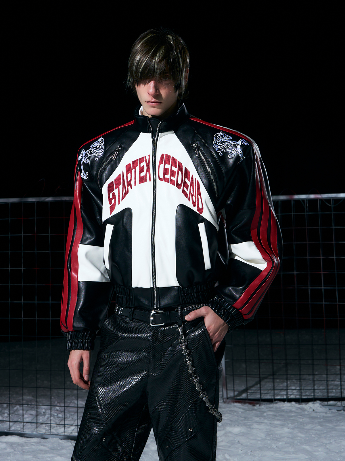 BLACK & RED EMBROIDERED FAUX LEATHER RACING JACKET