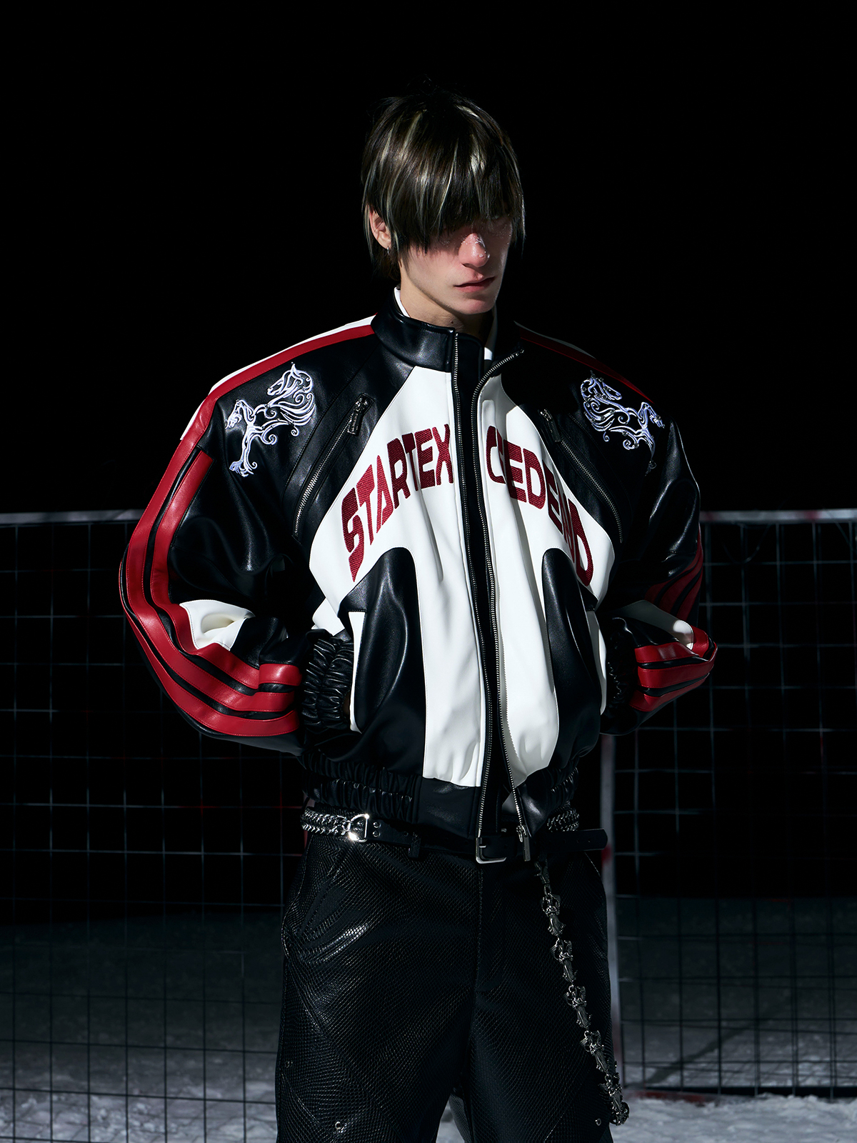 BLACK & RED EMBROIDERED FAUX LEATHER RACING JACKET