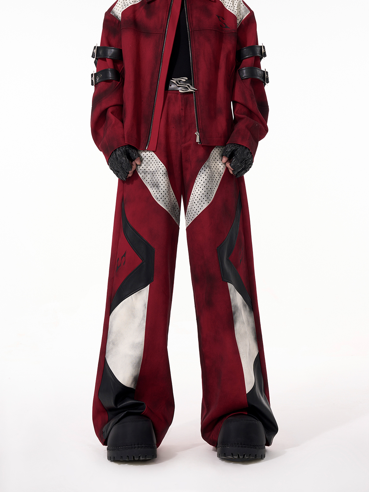 DISTRESSED RED CYBER-MOTO JACKET & PANTS SET-START EXCEED END