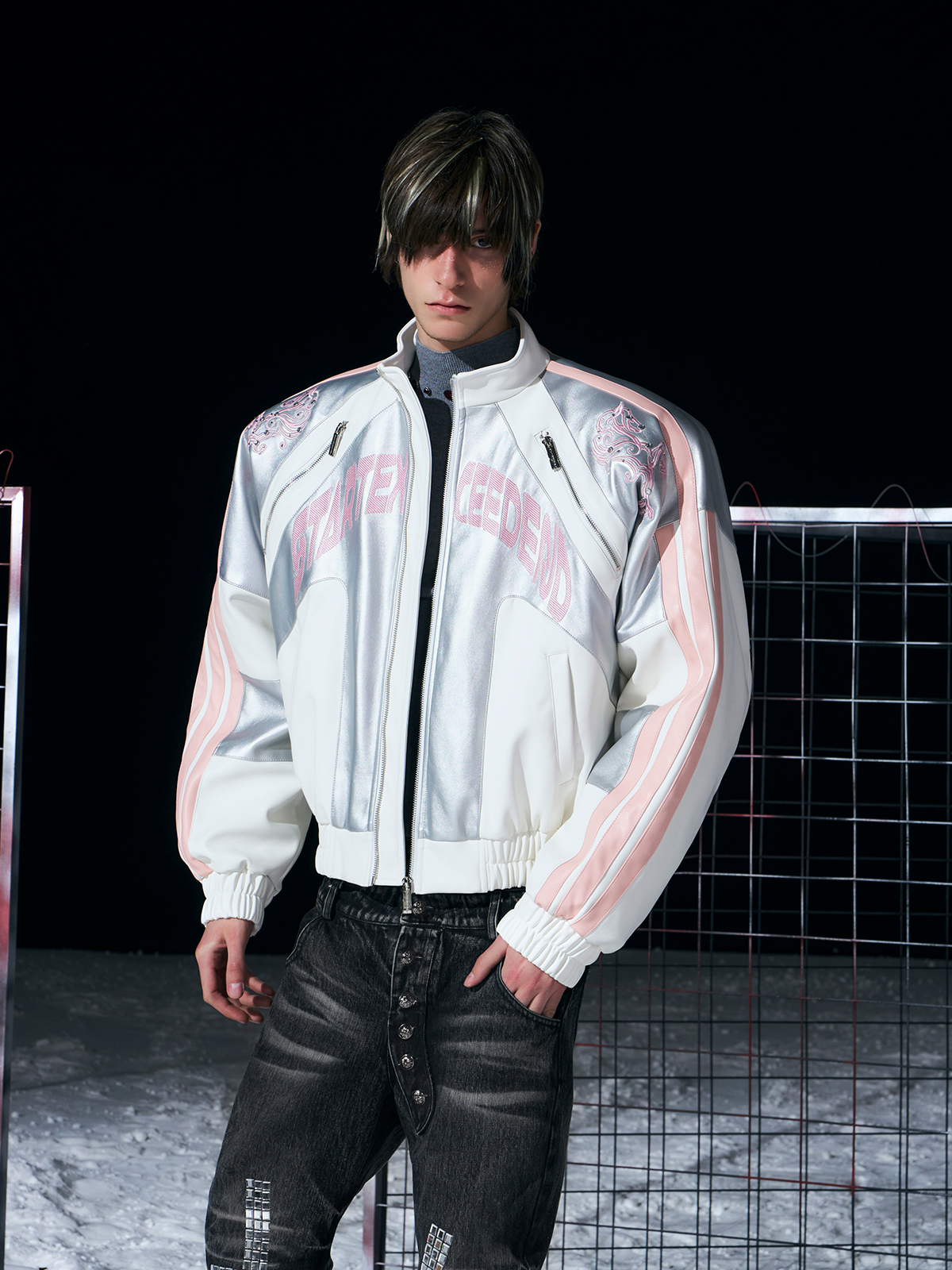 WHITE & SILVER METALLIC EMBROIDERED RACING JACKET