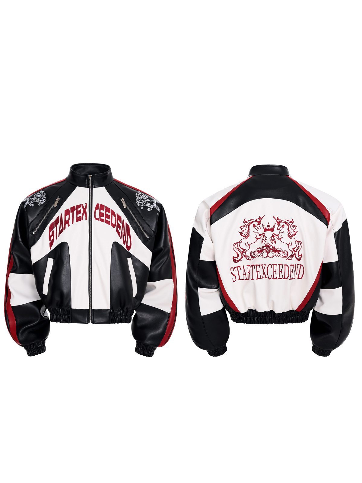 BLACK & RED EMBROIDERED FAUX LEATHER RACING JACKET