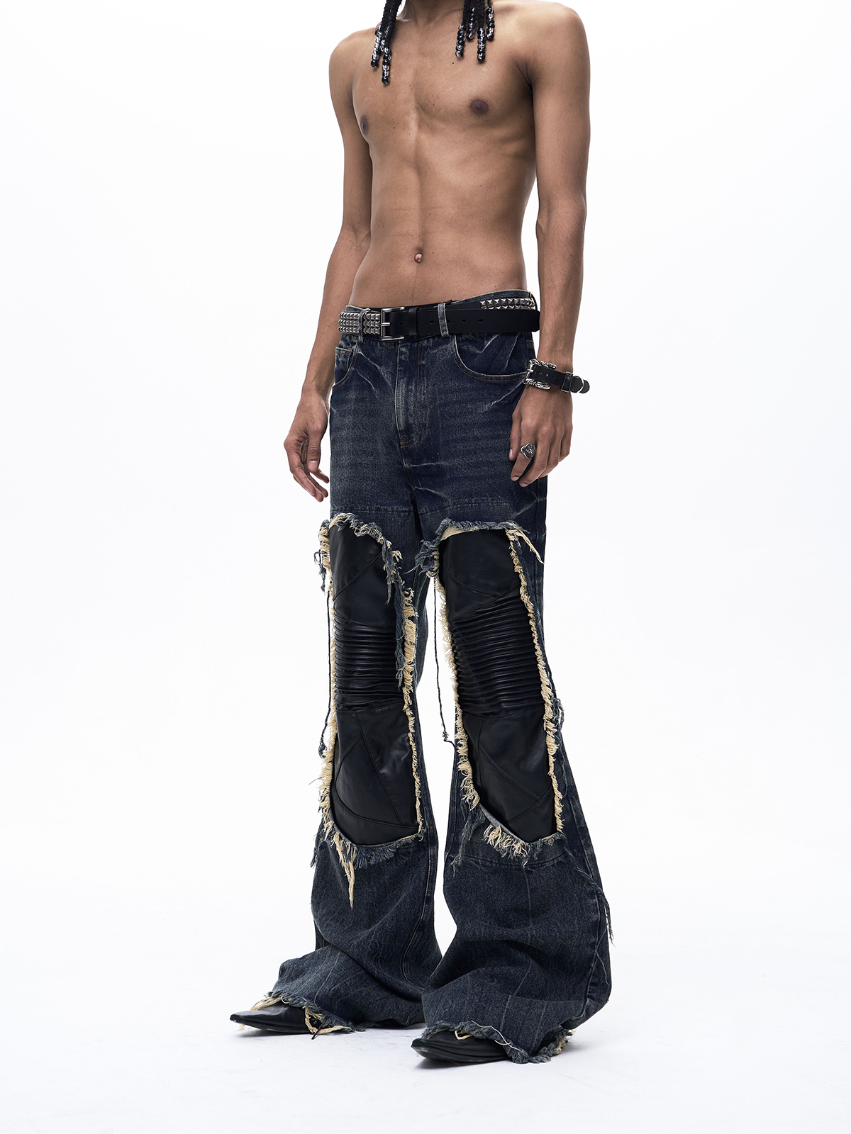 LEATHER PATCHWORK FLARED DENIM