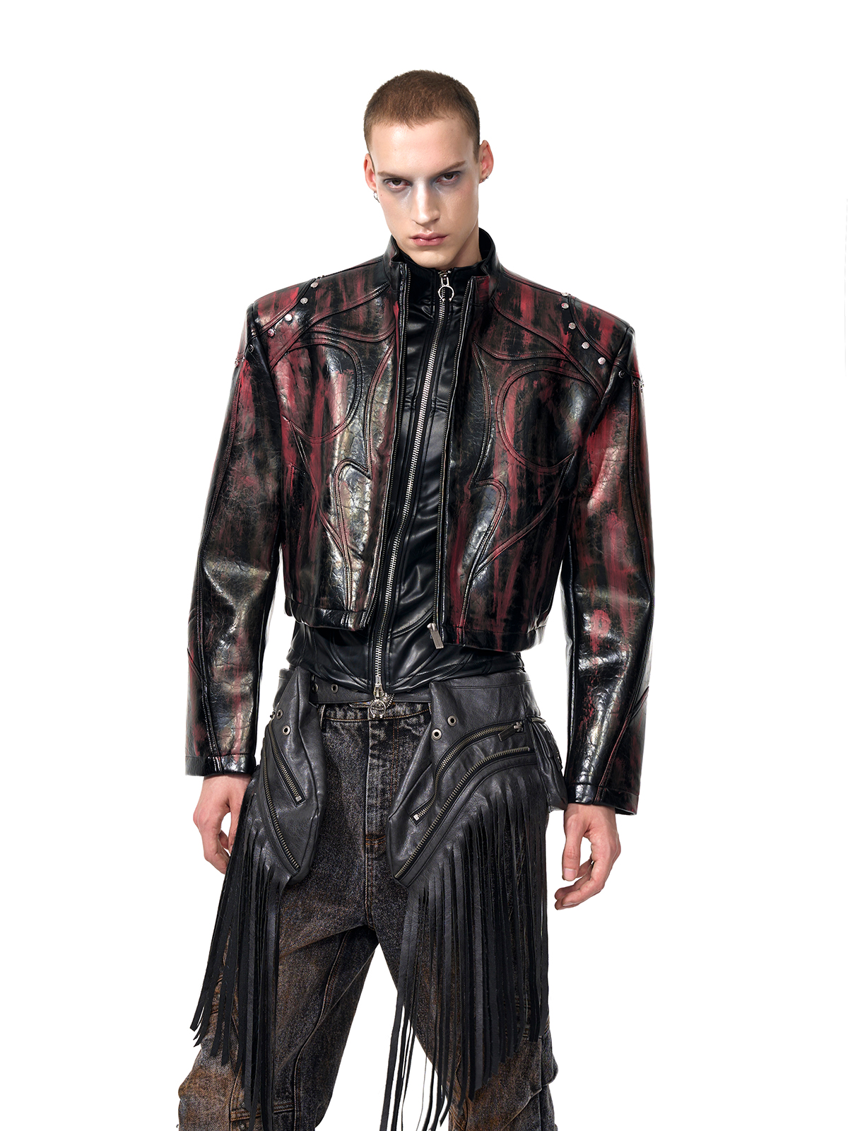 CROPPED STUDDED MOTO JACKET-BRUSHED BLACK/RED