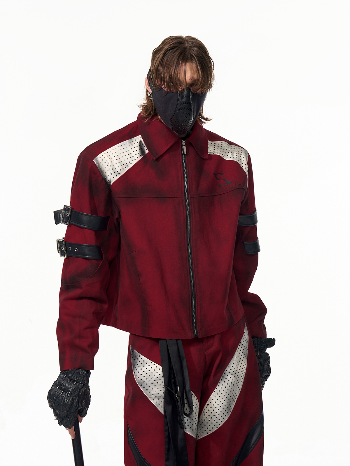 DISTRESSED RED CYBER-MOTO JACKET & PANTS SET-START EXCEED END