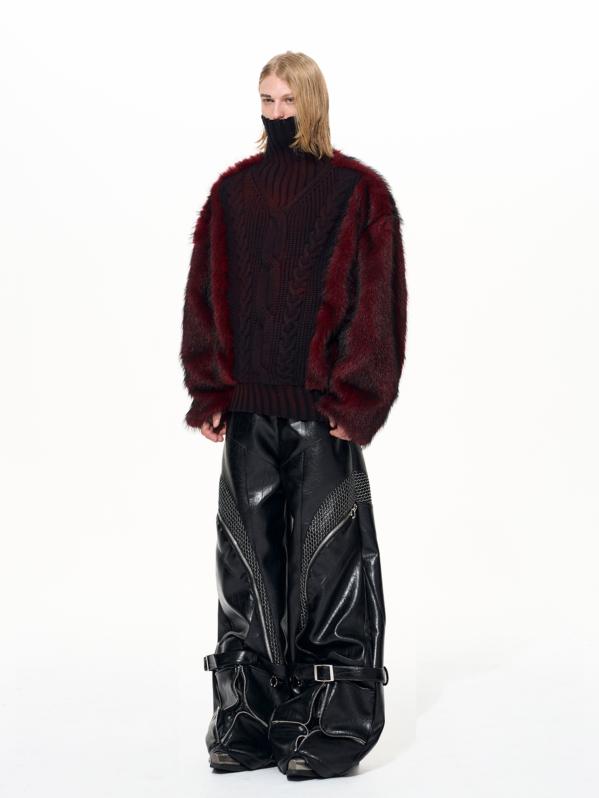 OMBRÉ CRIMSON KNIT & BURGUNDY FUR HYBRID PULLOVER-START EXCEED END