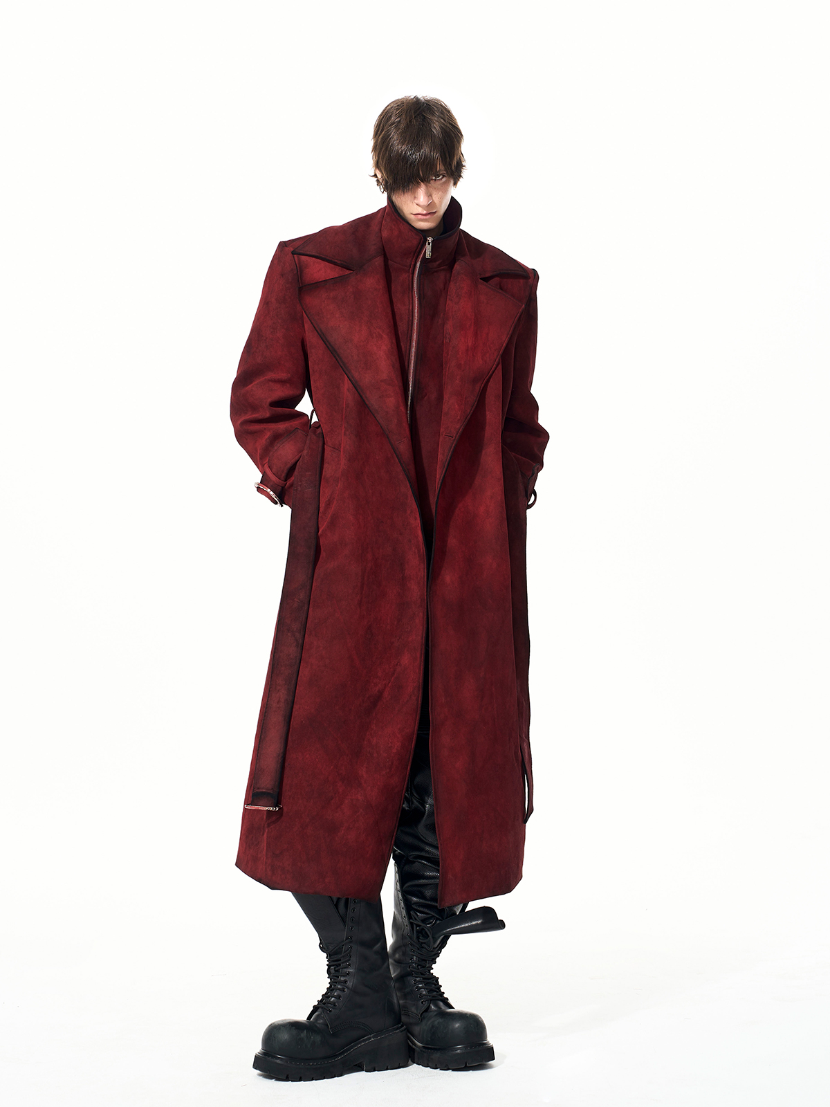 BLOOD RED DISTRESSED SUEDE BELTED TRENCH COAT-START EXCEED END